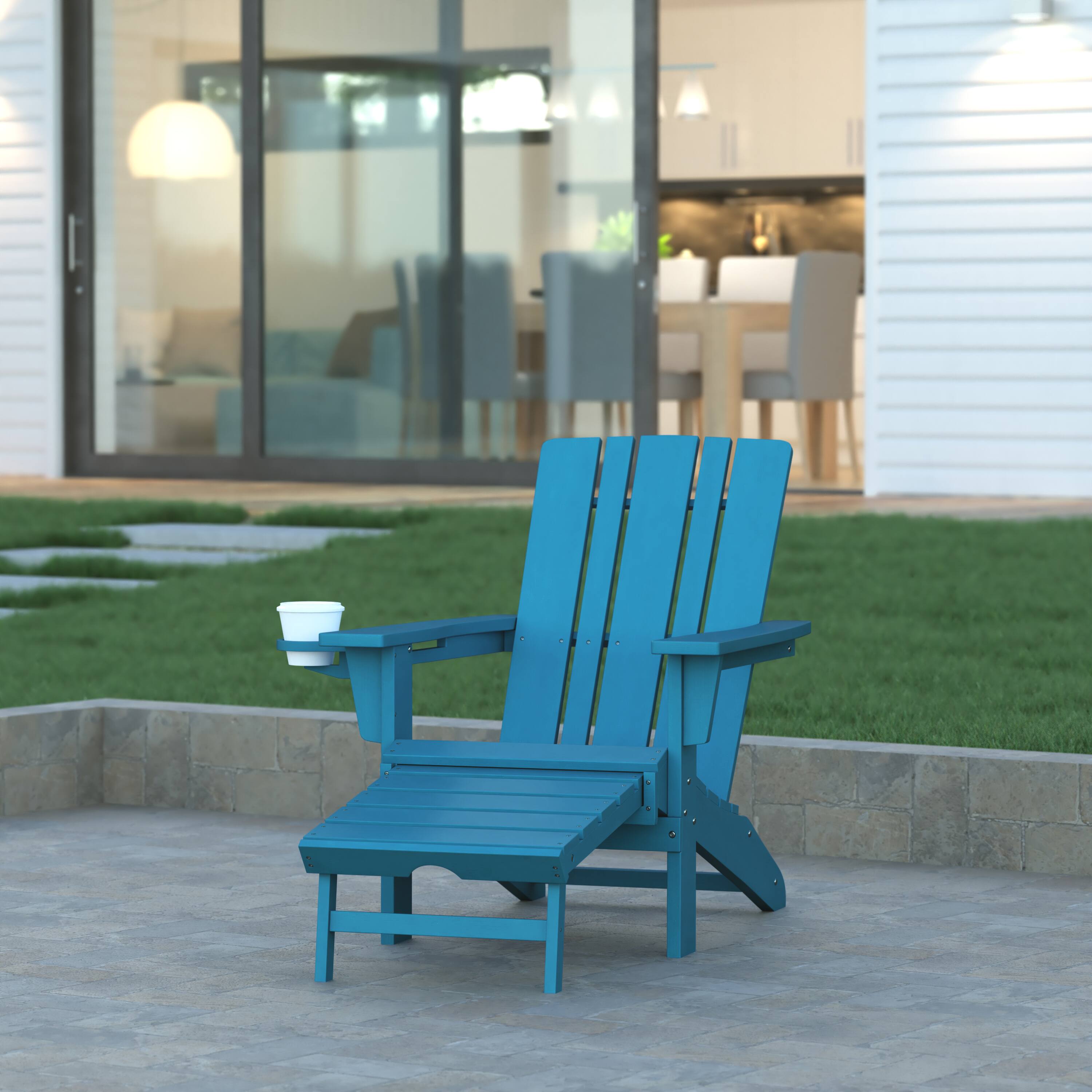 Alt View 1. Emma + Oliver - Haley Adirondack Chair with Cup Holder and Pull Out Ottoman, All-Weather HDPE Indoor/Outdoor Lounge Chair - Blue.