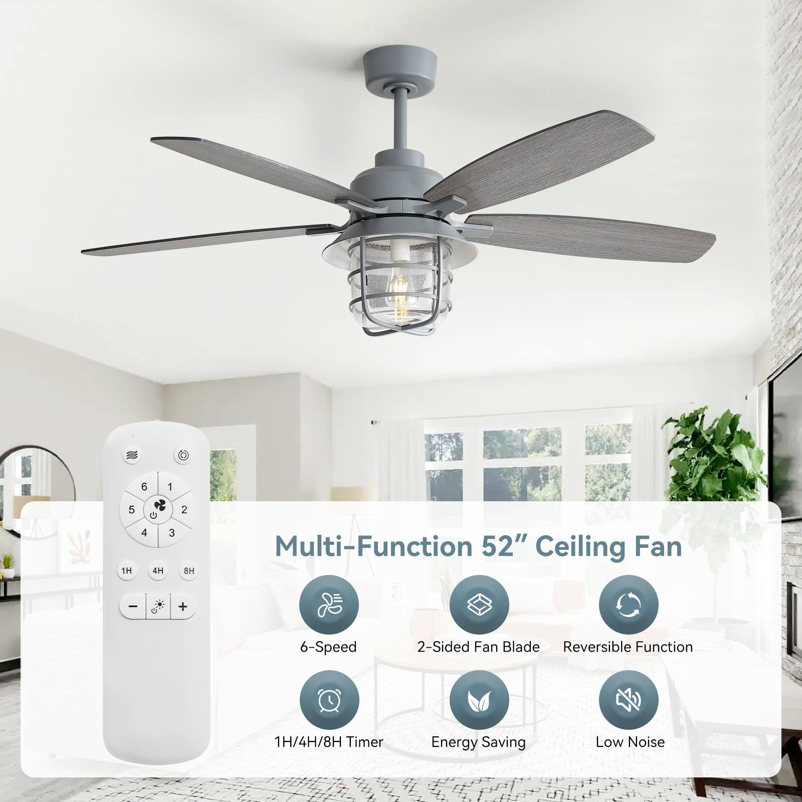 Multi-Function 52" Ceiling Fan

- 6-Speed
- 2-Sided Fan Blade
- Reversible Function
- 1H/4H/8H Timer
- Energy Saving
- Low Noise