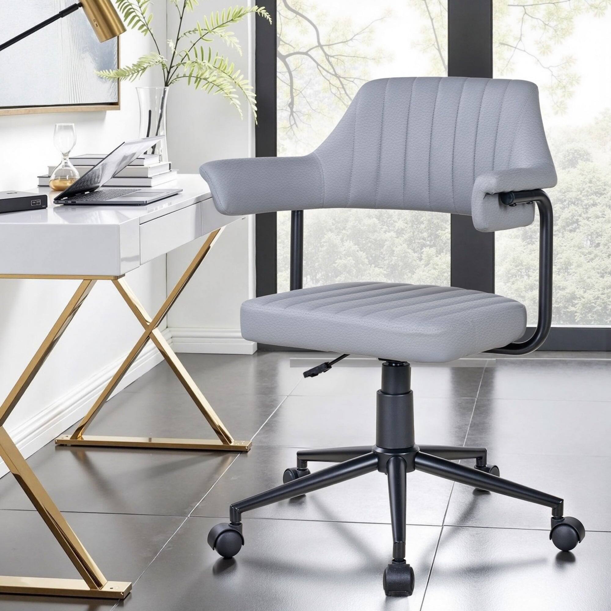 Left. Vecelo - PU Leather Vanity Chair with Adjustable Height - 360° Swivel Office Chair, High-Density Foam Desk Chair with Backrest - Grey.