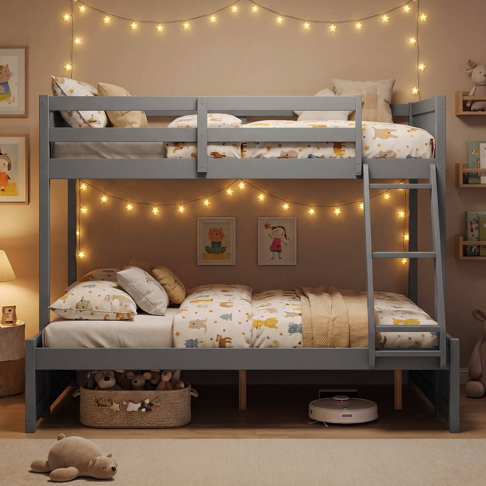 Alt View 4. Costway - Costway Twin Over Full Bunk Bed with 3-Step Ladder Full-Length Guardrails 21 Support Slats - Gray.