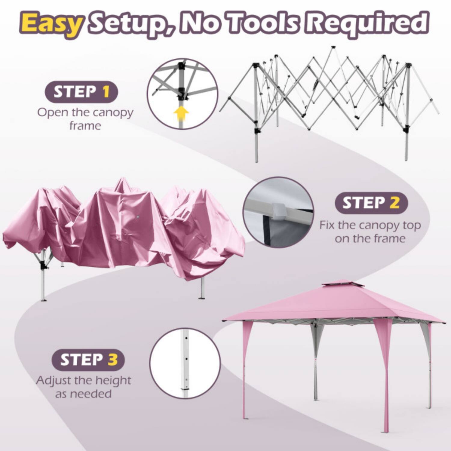 Easy Setup, No Tools Required

STEP 1  
Open the canopy frame

STEP 2  
Fix the canopy top on the frame

STEP 3  
Adjust the height as needed