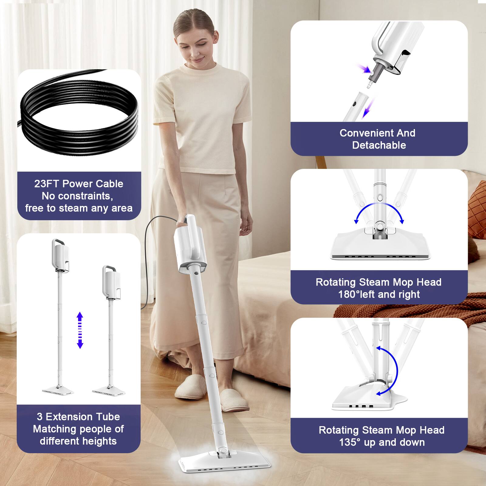 Convenient And Detachable 23FT Power Cable No constraints, free to steam any area  
Rotating Steam Mop Head 180° left and right  
3 Extension Tube Matching people of different heights  
Rotating Steam Mop Head 135° up and down
