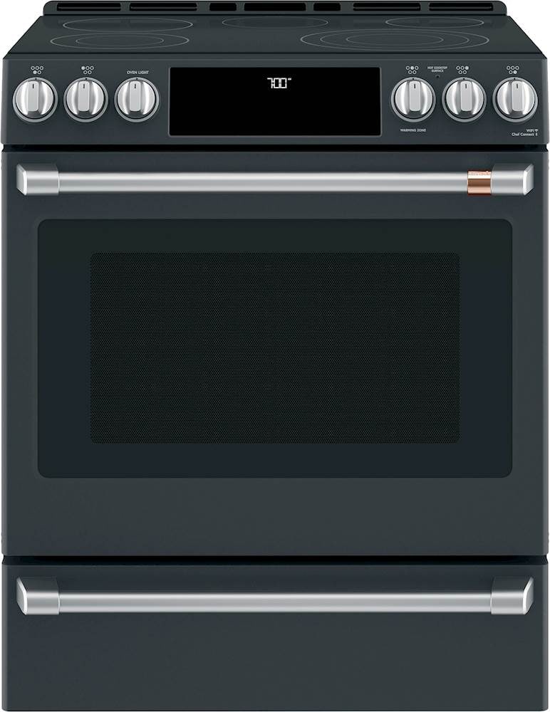 Front. Café - 5.7 Cu. Ft. Slide-In Electric Convection Range, Customizable - Matte Black.