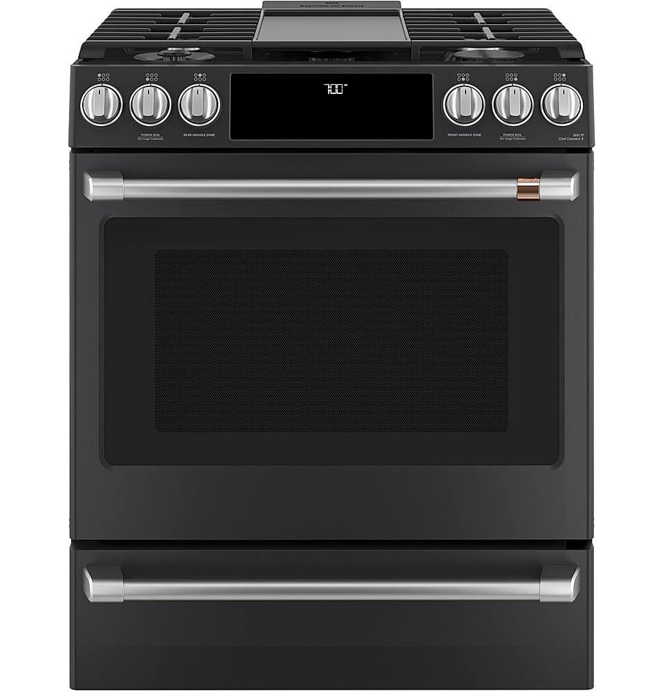 Angle. Café - 5.6 Cu. Ft. Self-Cleaning Slide-In Gas Convection Range, Customizable - Matte Black.