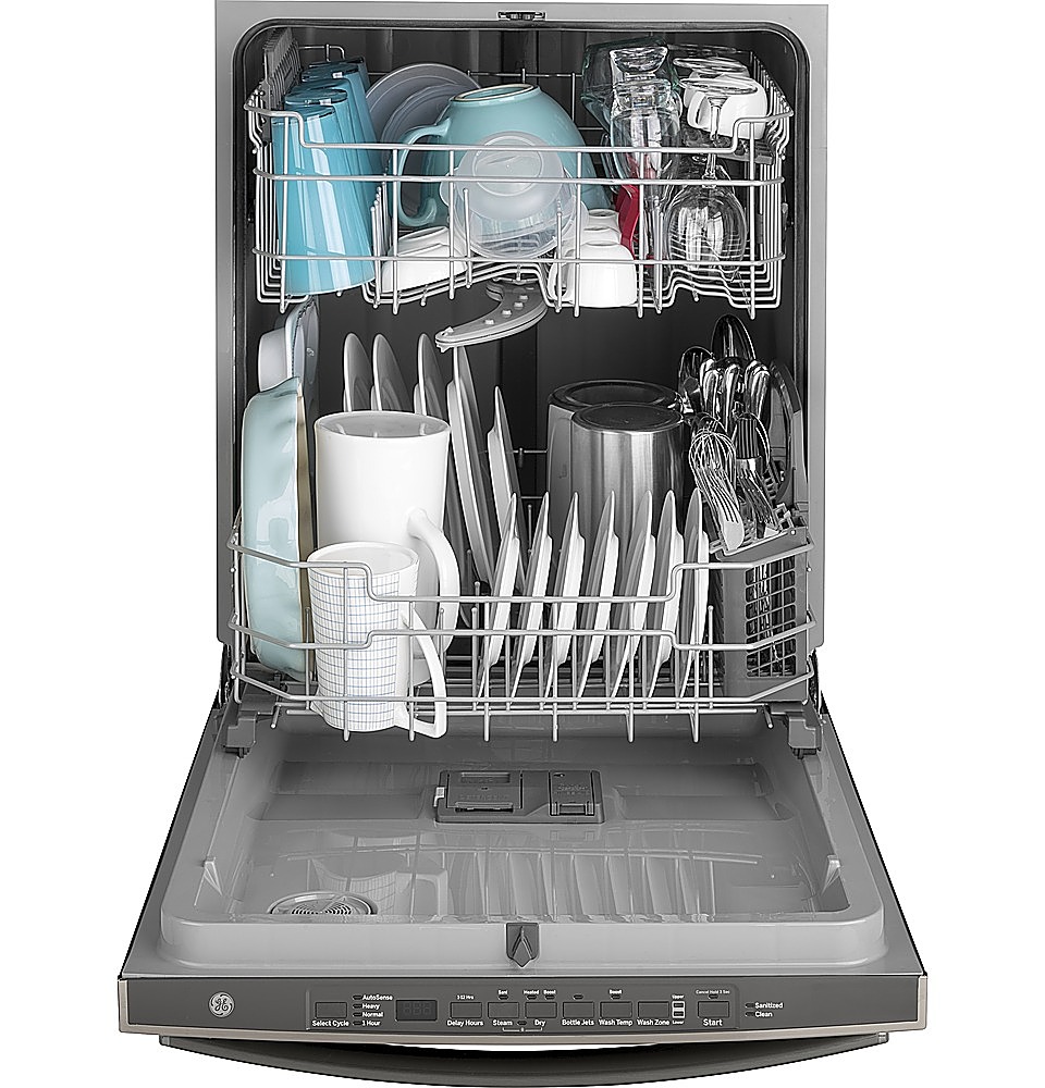 Left View: GE - 24" Top Control Built-In Dishwasher with Tall Tub, 48 dBA - Stainless Steel