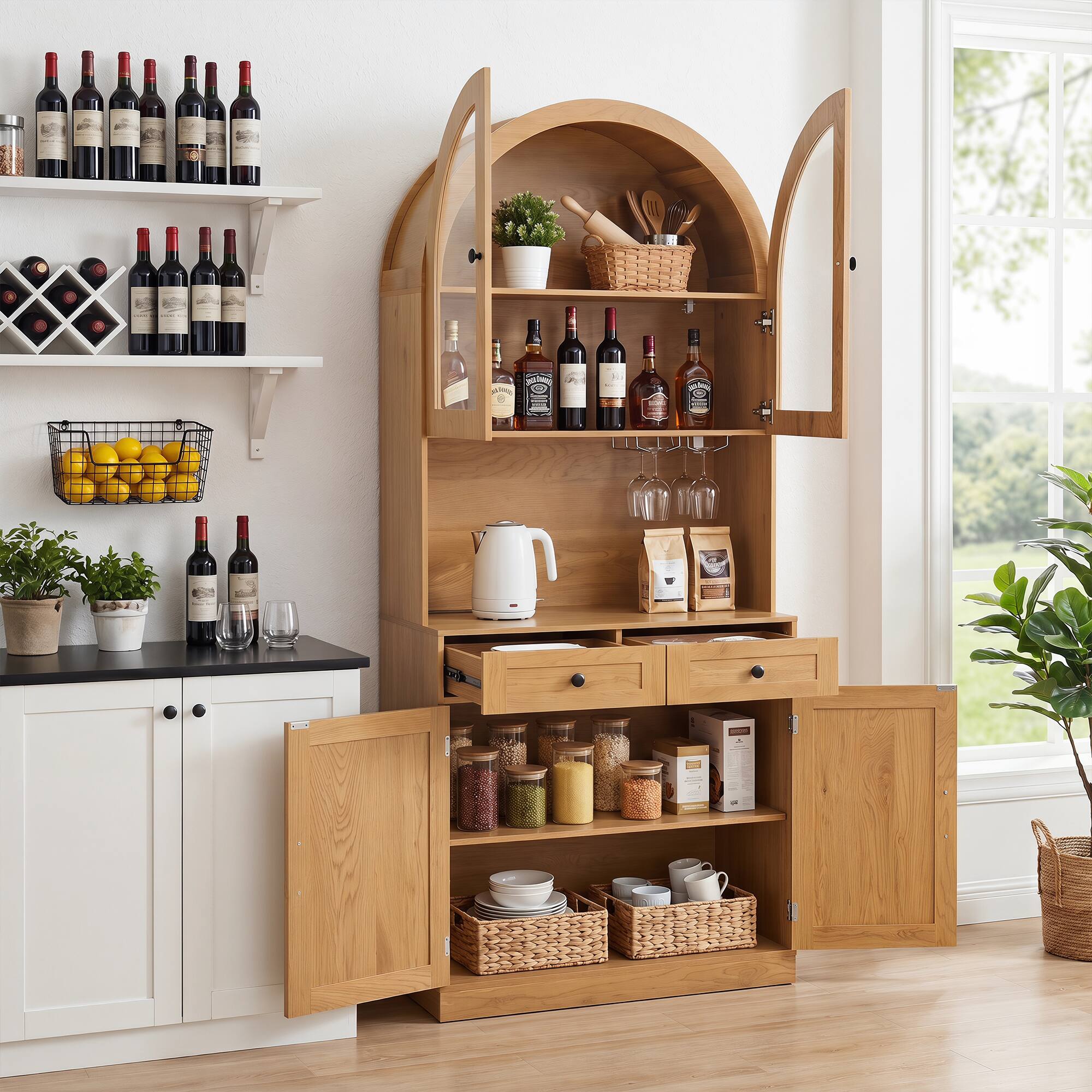 Back. Loheer - Loheer Farmhouse Pantry Cabinet, 75 Inch Oak Coffee Bar Cabinet with Charging Station, Glass Doors, Adjustable Shelves - Oak.