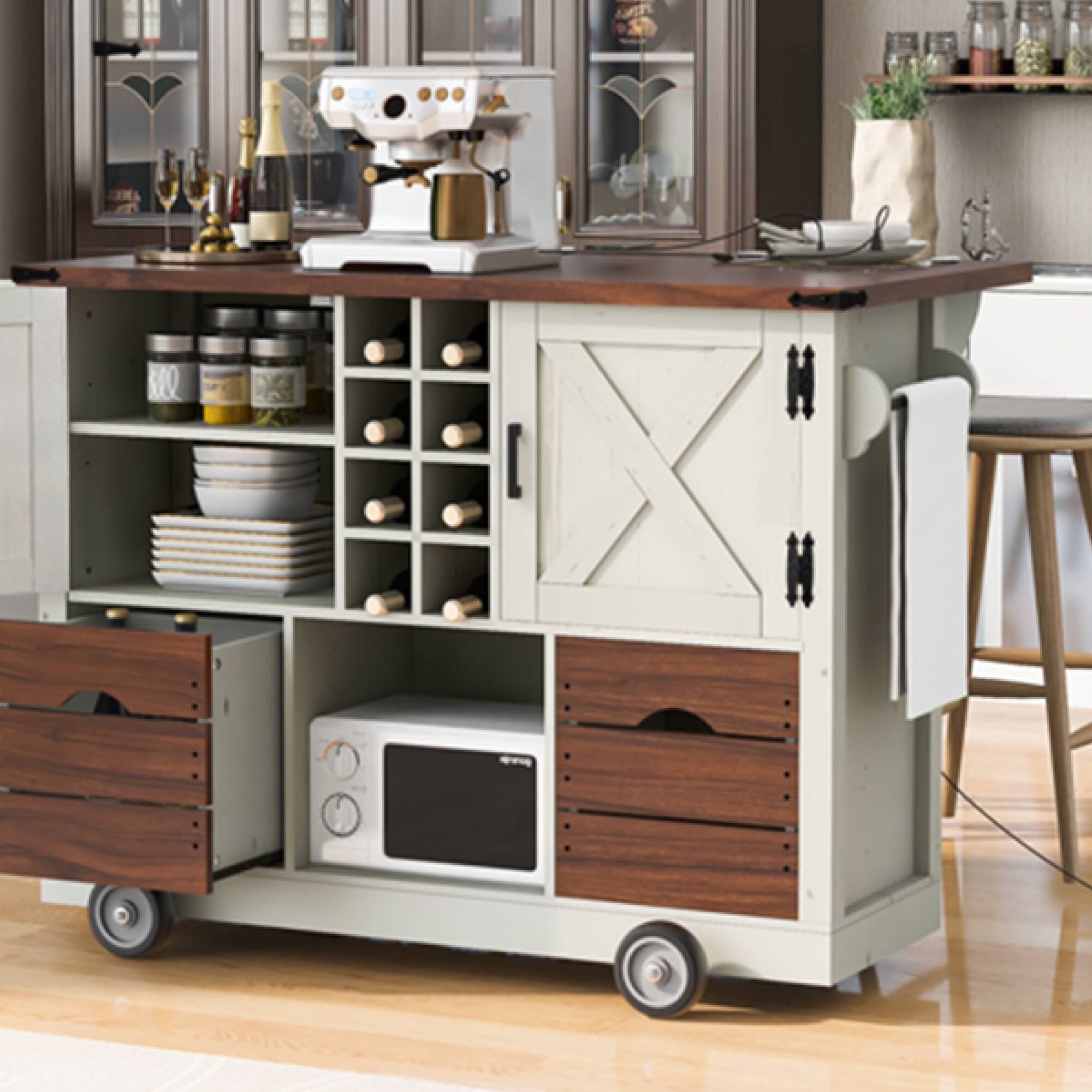 Alt View 2. ELEMENT ACE - Farmhouse Kitchen Island with Drop Leaf, Power Outlet, Storage Cart and Wheels - White.