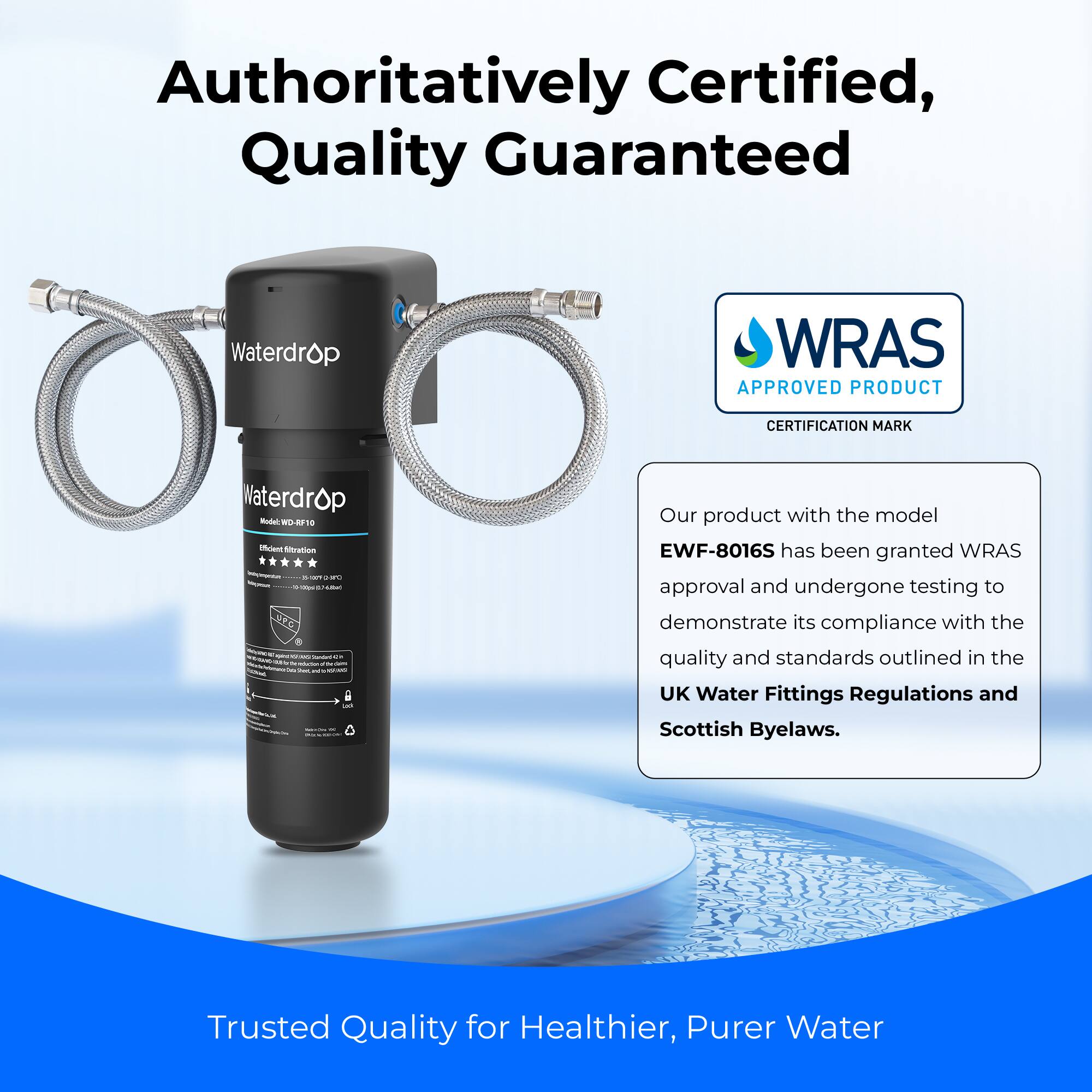 Authoritatively Certified, Quality Guaranteed

Waterdrop WRAS APPROVED PRODUCT CERTIFICATION MARK

Our product with the model EWF-8016S has been granted WRAS approval and undergone testing to demonstrate its compliance with the quality and standards outlined in the UK Water Fittings Regulations and Scottish Byelaws.

Trusted Quality for Healthier, Purer Water