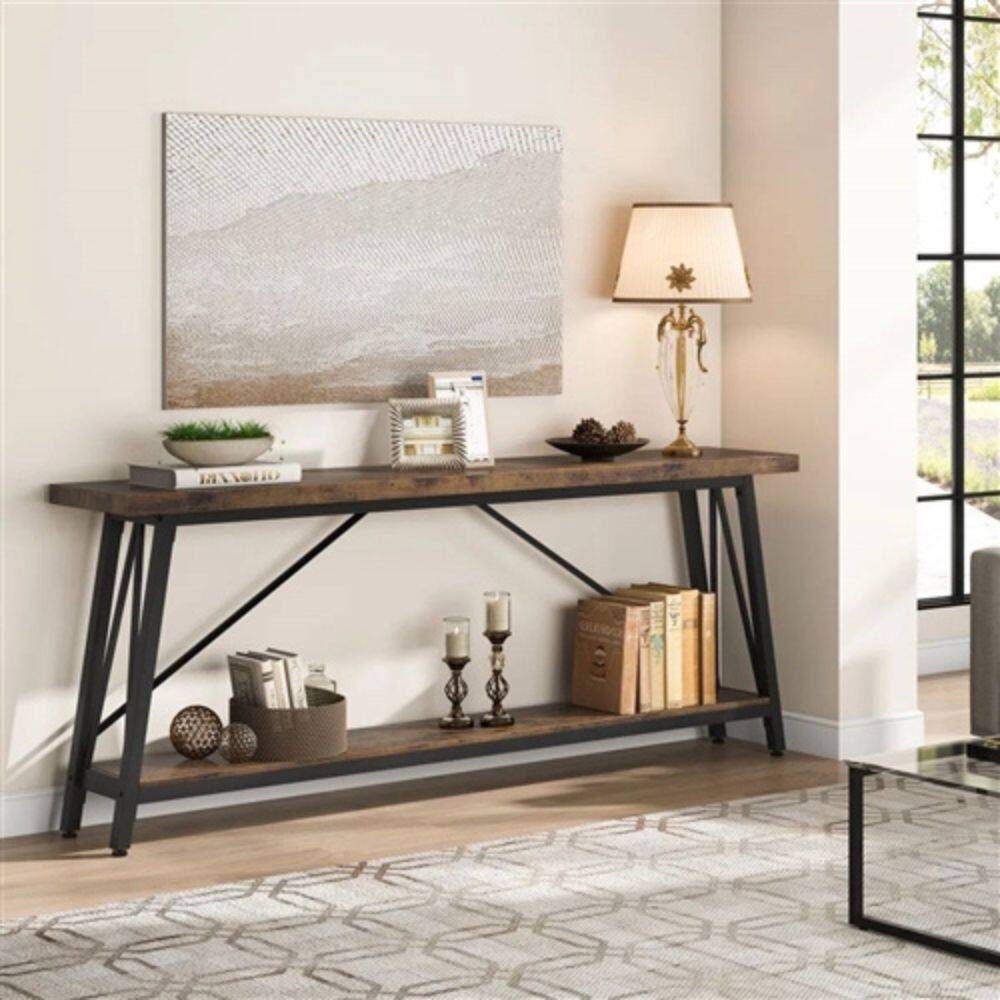 Back. Hivvago - Sturdy 70-inch Industrial Brown Wood Top Console Table with Metal Frame - Black, Brown.