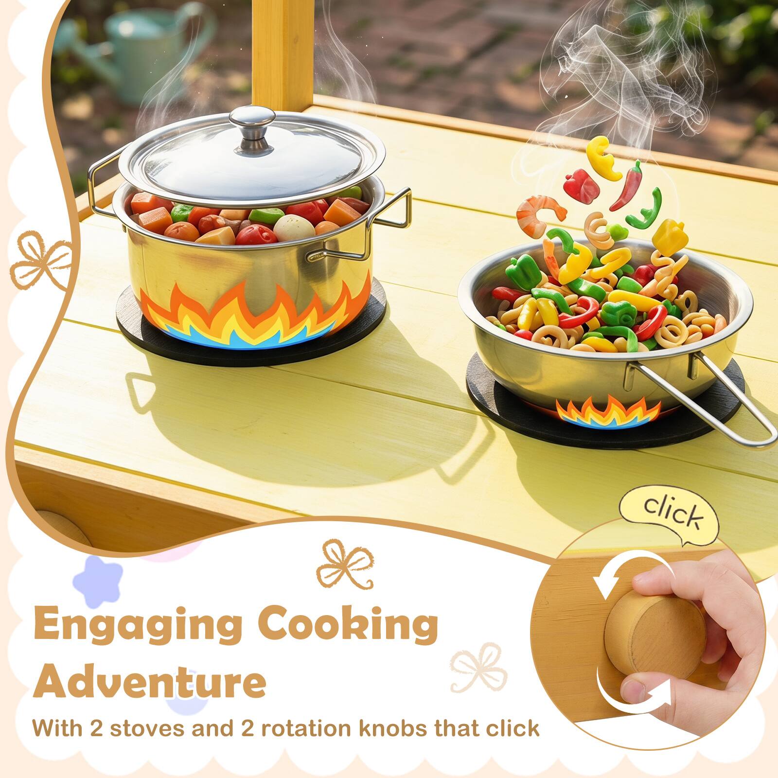 Engaging Cooking Adventure  
With 2 stoves and 2 rotation knobs that click