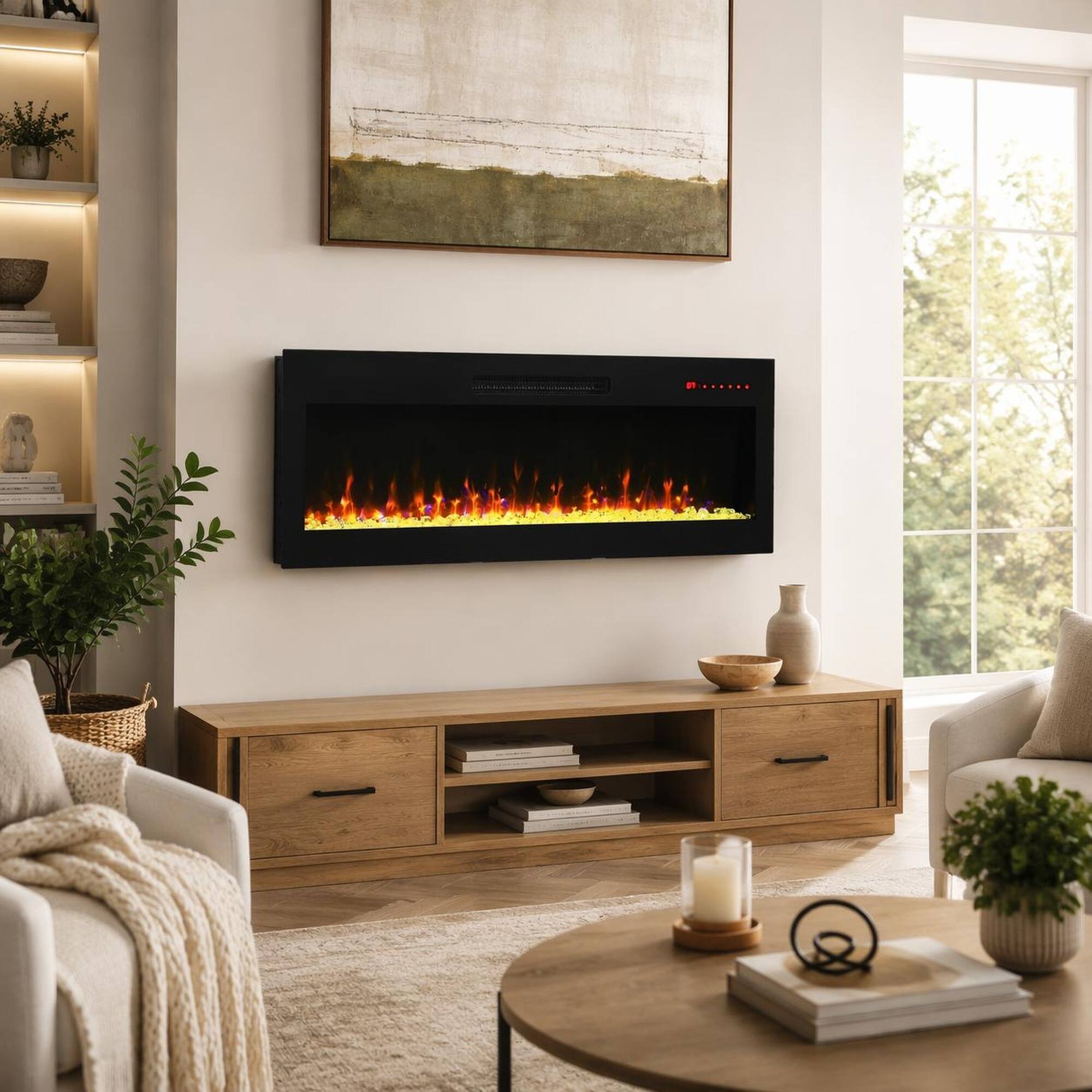 Angle. RYHNUYNE - 42 Inch Recessed Ultra Thin Tempered Glass Front Wall Mounted Electric Fireplace with Remote - Antique Black.
