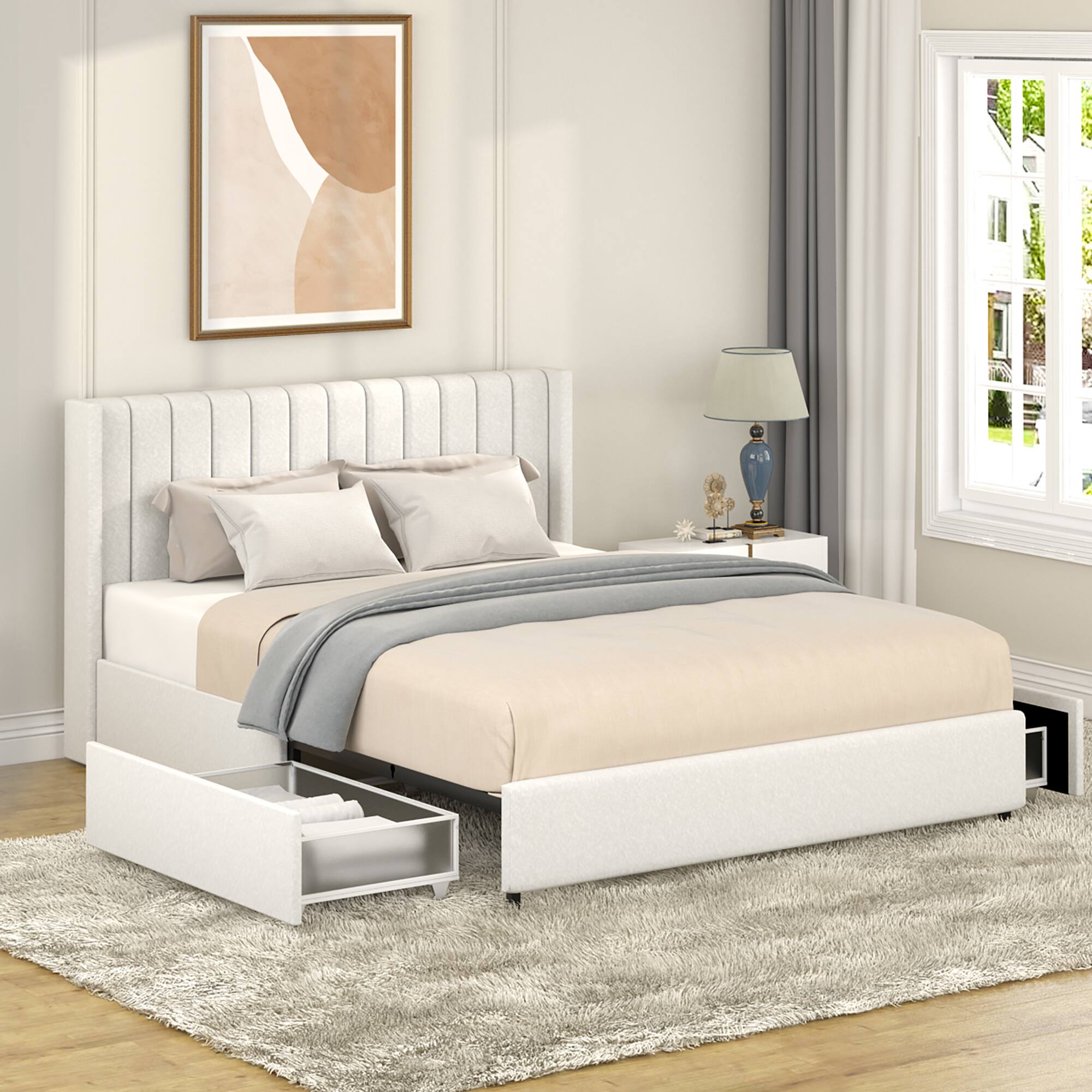Angle. Spaco - Spaco Queen Size Storage Bed Frame, Patented 2 Drawers, Tufted Headboard, No Box Spring Needed for Bedroom - Ivory.