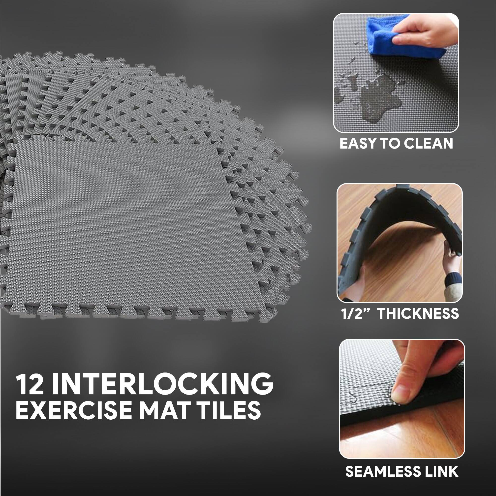 12 Interlocking Exercise Mat Tiles

- Easy to Clean
- 1/2" Thickness
- Seamless Link