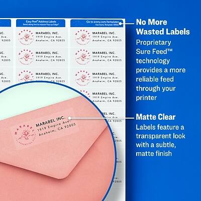 MARABEL INC.  
1919 Empire Ave.  
Anaheim, CA 92805  

Easy Peel Address Labels  

No More Wasted Labels  
Proprietary Sure Feed™ technology provides a more reliable feed through your printer  

Matte Clear Labels feature a transparent look with a subtle, matte finish