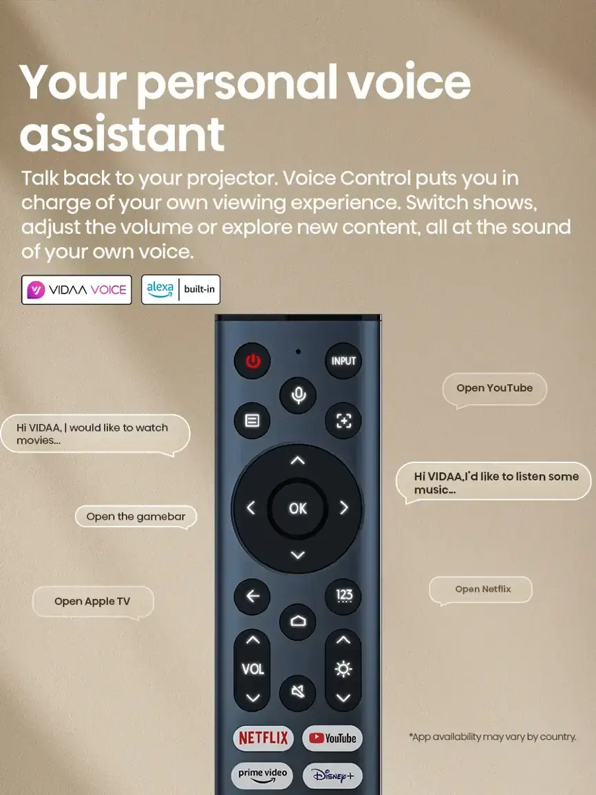 Your personal voice assistant: Talk back to your projector. Voice Control puts you in charge of your own viewing experience. Switch shows, adjust the volume, or explore new content, all at the sound of your own voice. VIDAA VOICE: Alexa built-in. Input: Open YouTube. Hi VIDAA, I would like to watch movies... Open the gamebar. OK. Hi VIDAA, I'd like to listen to some music... Open Apple TV. 123. Open Netflix. VOL NETFLIX. YouTube. *App availability may vary by country. Prime Video. Disney+.