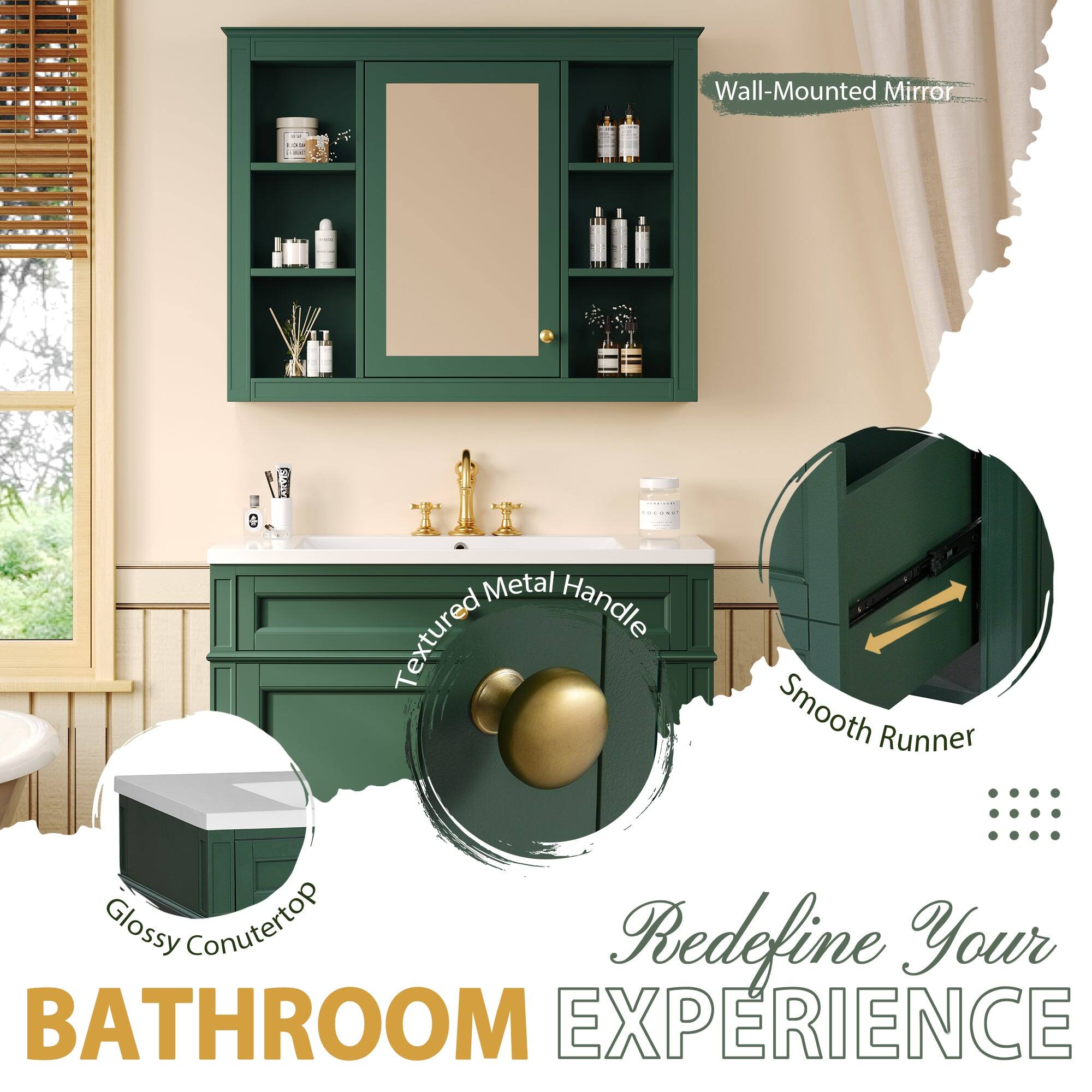 Wall-Mounted Mirror  
Metal Textured Handle  
Smooth Runner  
Glossy Countertop  
Redefine Your BATHROOM EXPERIENCE