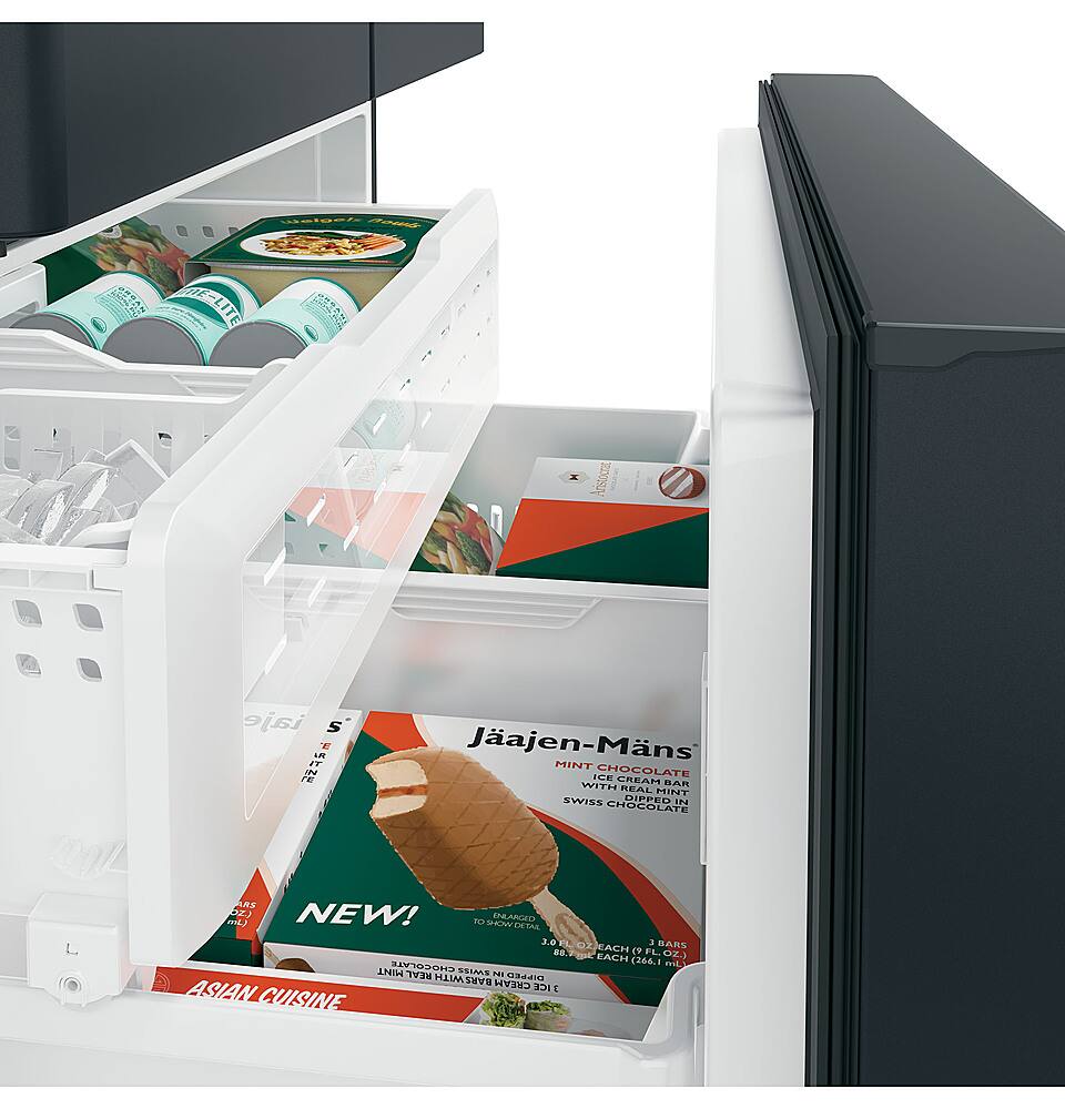 The image shows an open refrigerator with a variety of food items inside. There are several bottles, including some in the top left corner and others in the top right corner. The refrigerator also contains a few bowls, with one placed in the middle-left area and another in the middle-right area. Additionally, there are two ice cream bars visible, one in the bottom left corner and the other in the bottom right corner. The refrigerator is fully stocked with a diverse assortment of food items.
