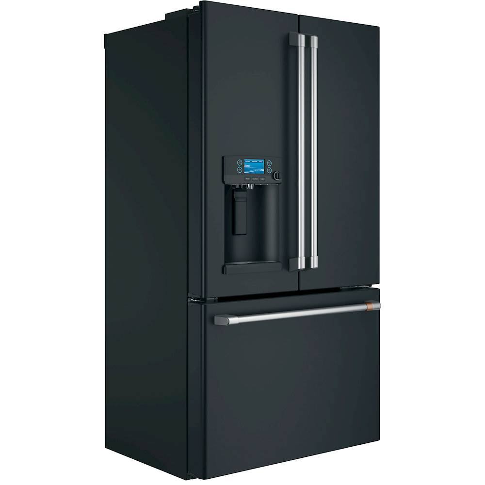 Angle. Café - 22.2 Cu. Ft. French Door Counter-Depth Refrigerator, Customizable - Matte Black.