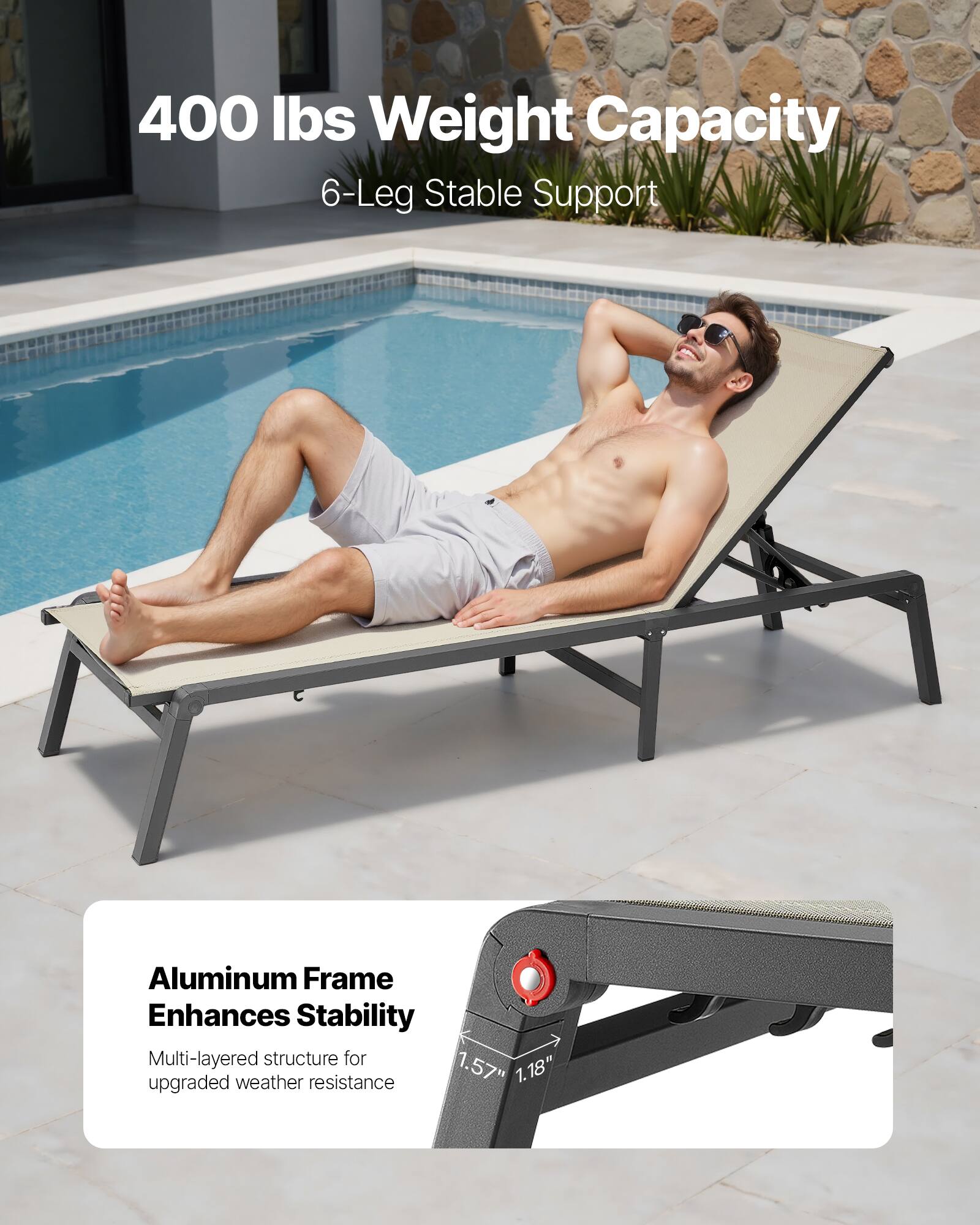 400 lbs Weight Capacity  
6-Leg Stable Support  

Aluminum Frame Enhances Stability  
Multi-layered structure for upgraded weather resistance  

1.57"  
1.18"