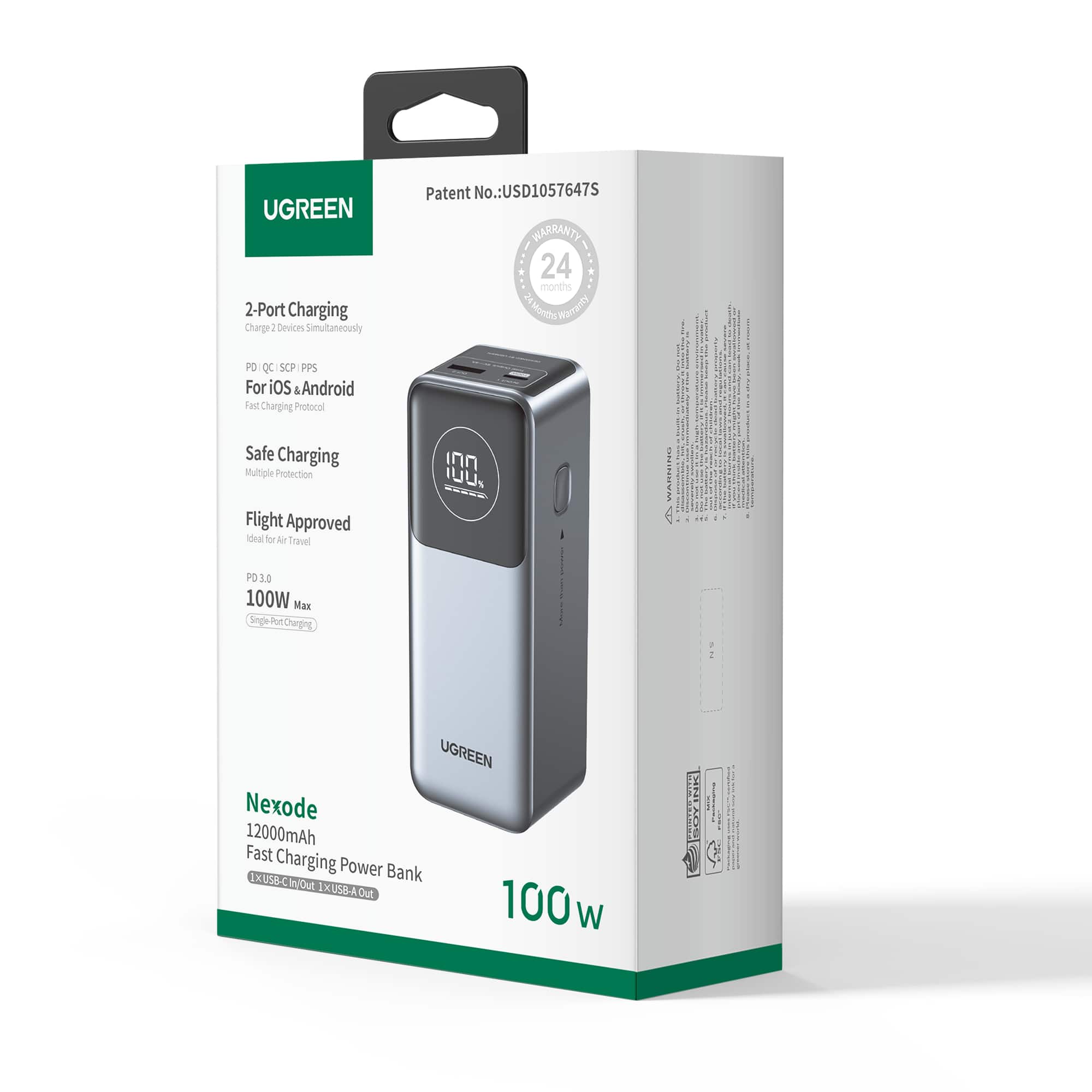 UGREEN 2-Port Charging Charger 100W 12000mAh Fast Charging Power Bank with USB-A In/Out, Flight Approved, for iOS & Android, Safe Charging, Multiple Protection, Patent No.: USD1057647S, 24 months Warranty, PD: QCISCP, PPS, ideal for Travel.