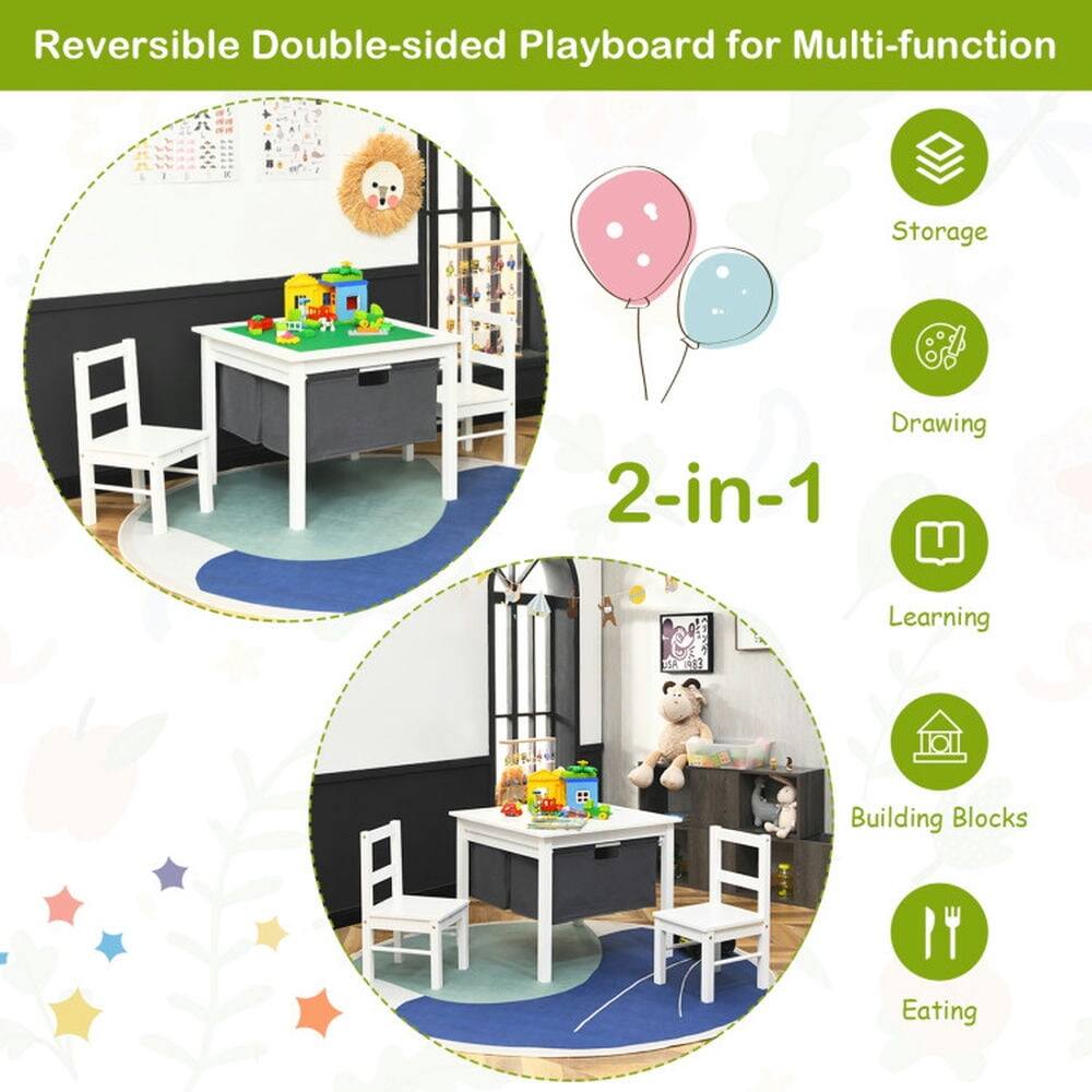 Reversible Double-sided Playboard for Multi-function

2-in-1

- Storage
- Drawing
- Learning
- Building Blocks
- Eating