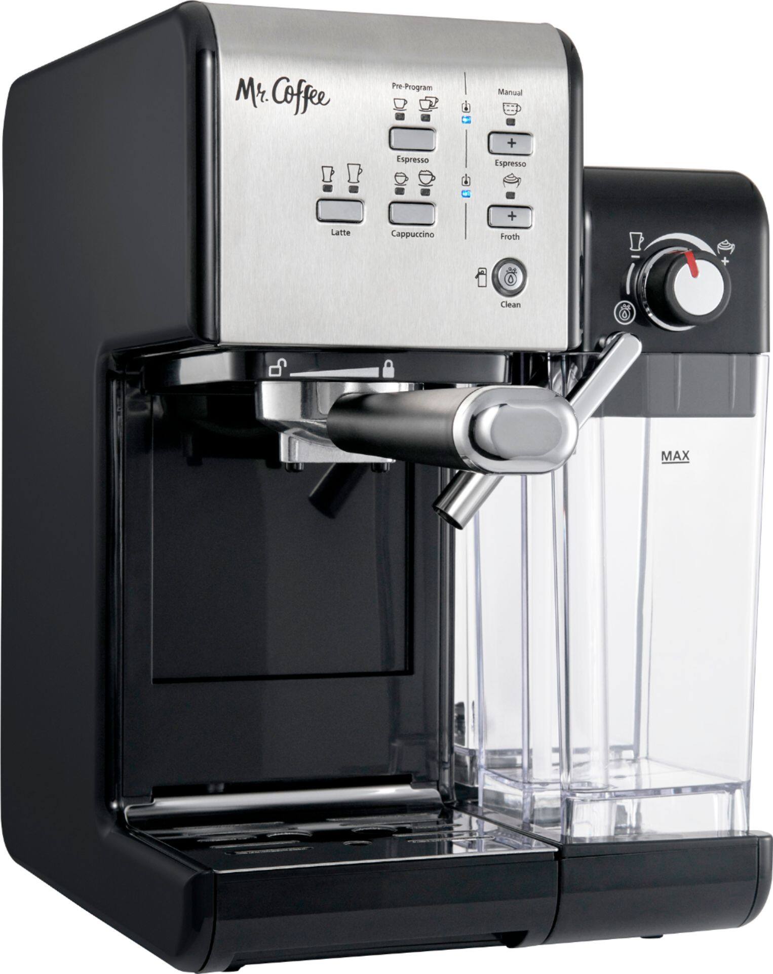 Angle. Mr. Coffee - Espresso Machine with 19 bars of pressure and Milk Frother - Stainless Steel.