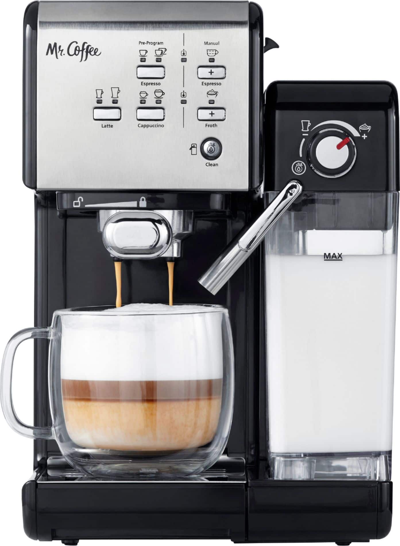 Front. Mr. Coffee - Espresso Machine with 19 bars of pressure and Milk Frother - Stainless Steel.