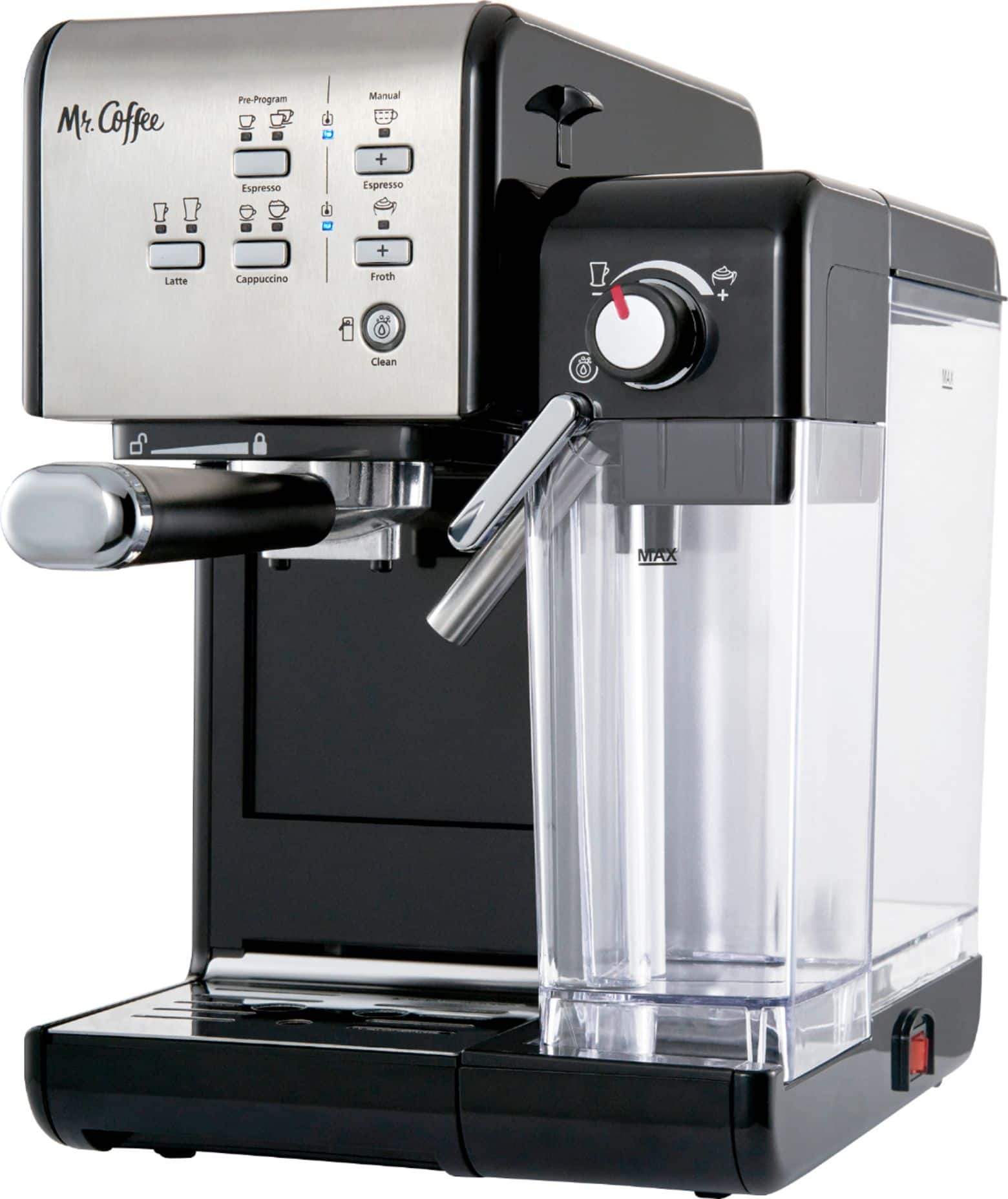 Left. Mr. Coffee - Espresso Machine with 19 bars of pressure and Milk Frother - Stainless Steel.
