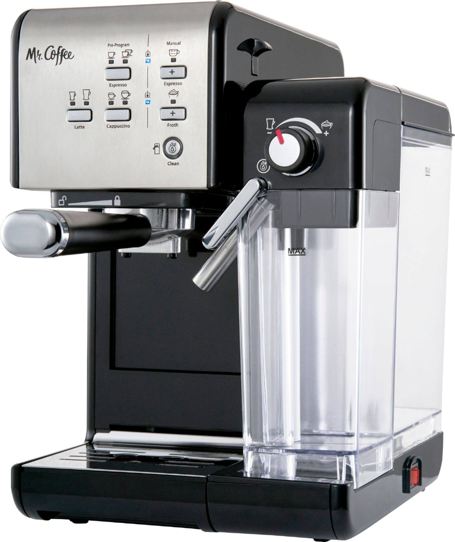 Left. Mr. Coffee - Espresso Machine with 19 bars of pressure and Milk Frother - Stainless Steel.