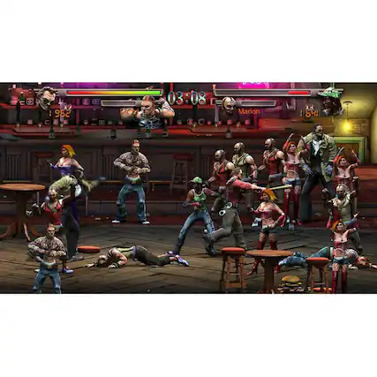 The image shows a group of people in a bar, with some of them fighting and others sitting at tables. There are several chairs and dining tables scattered throughout the scene. A total of 13 people can be seen in the image, with some of them holding knives. The bar appears to be a lively and bustling place, with people engaged in various activities. - T (Teen 13+)