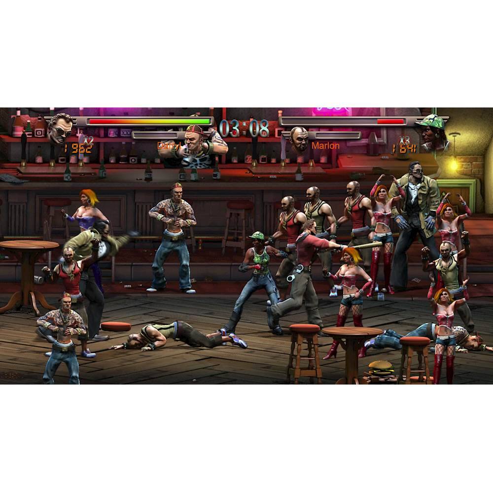 The image shows a group of people in a bar, with some of them fighting and others sitting at tables. There are several chairs and dining tables scattered throughout the scene. A total of 13 people can be seen in the image, with some of them holding knives. The bar appears to be a lively and bustling place, with people engaged in various activities. - T (Teen 13+)