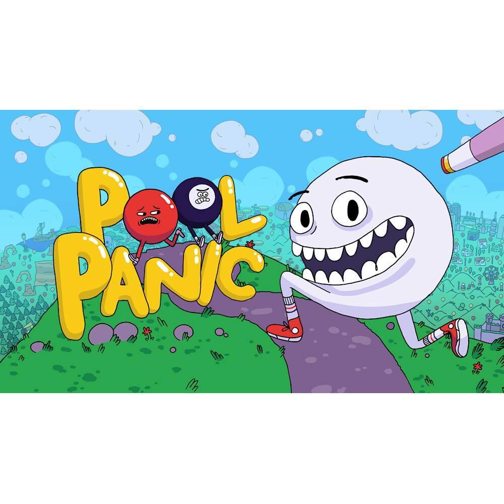 The image features a cartoon character, possibly a white ball, wearing red shoes and walking across a hill. The character is surrounded by several other balls, including a red ball and a blue ball. The scene appears to be part of a game or animation, with the main character possibly causing a panic. The text "Pool Panic" is displayed in the background, emphasizing the playful and lighthearted nature of the scene. - E10+ (Everyone 10+)