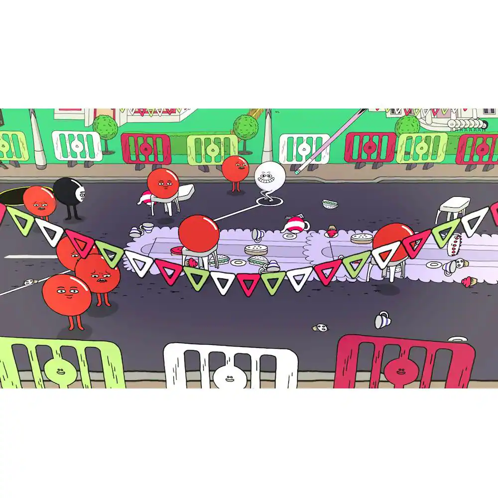 The image features a street scene with a row of chairs and a group of red balls scattered around. There are also several umbrellas in the scene, with one being held by a person. The street is lined with chairs, and there are a few dining tables present as well. The overall atmosphere appears to be festive and playful, with the red balls adding a fun element to the scene.