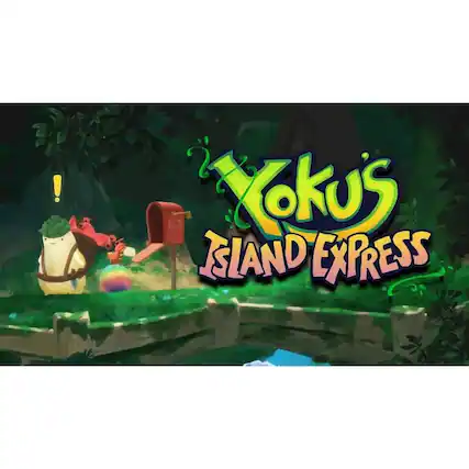 The image features a game called Yookus Island Express. The game is set in a jungle environment, with a mailbox and a character standing next to it. The mailbox is red, and the character appears to be a teddy bear. The game's title is displayed prominently in the scene, making it the focal point of the image. - E10+ (Everyone 10+)