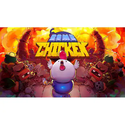 The image features a cartoon character, specifically a white chicken, standing in the center of a scene. The chicken appears to be the main subject of the image, and it is surrounded by several other characters, some of which are also chickens. The scene is set in a colorful environment, with the chicken being the focal point. - E10+ (Everyone 10+)