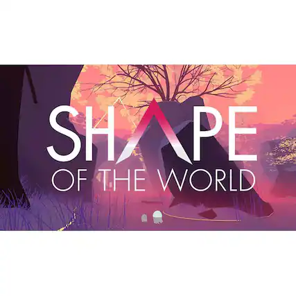 The image features a large text that reads "Shape of the World." The text is displayed on a purple background, with a tree in the foreground. The tree appears to be in a pinkish hue, adding a unique touch to the scene. The overall composition of the image is visually appealing and emphasizes the title of the image. - E10+ (Everyone 10+)