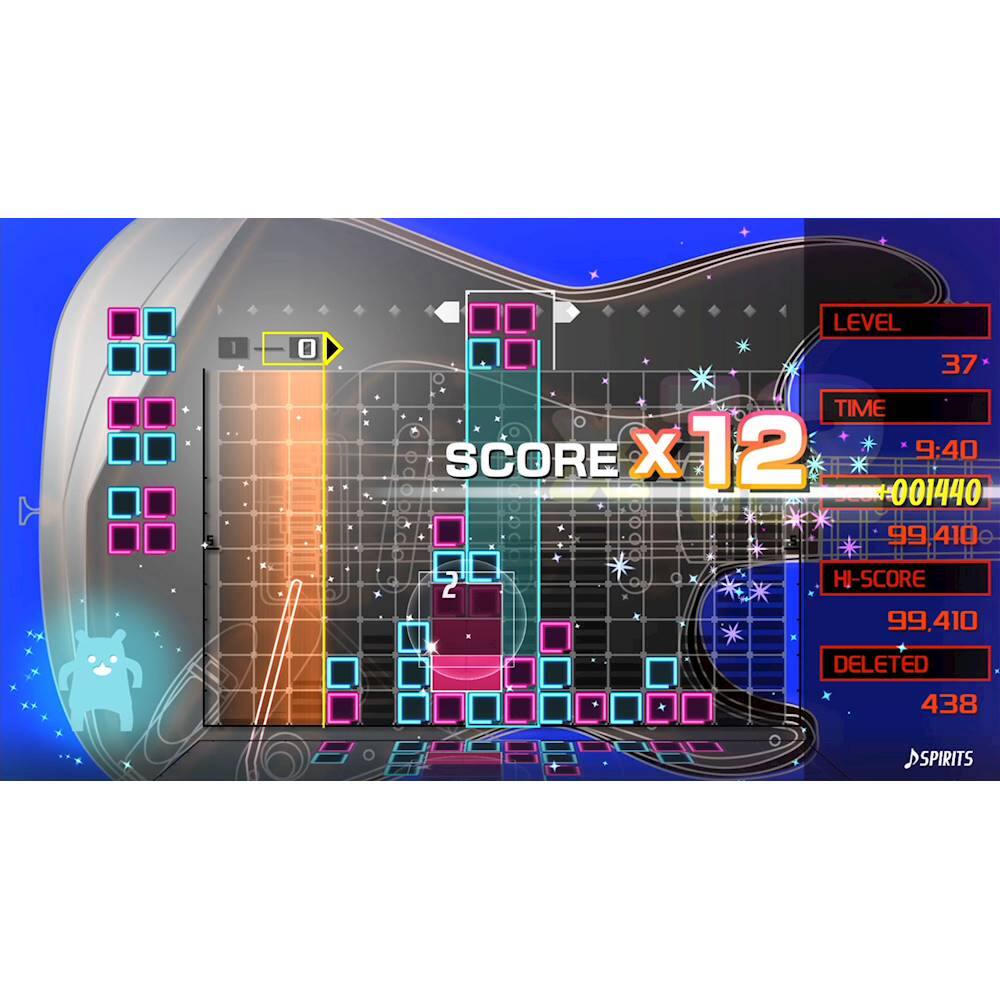 The image shows a video game with a guitar theme, where the player is trying to score points by hitting notes on the guitar. The game is currently at level 37, and the player has 9:40 left to play. The score is currently at 001440, and the high score is 99,410. The game has a "delete" option, which has been used 438 times.