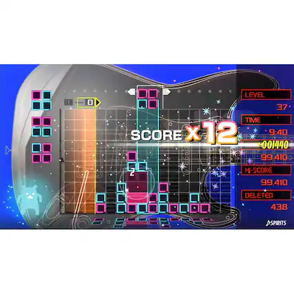 The image shows a video game with a guitar theme, where the player is trying to score points by hitting notes on the guitar. The game is currently at level 37, and the player has 9:40 left to play. The score is currently at 001440, and the high score is 99,410. The game has a "delete" option, which has been used 438 times. - E (Everyone),E10+ (Everyone 10+)