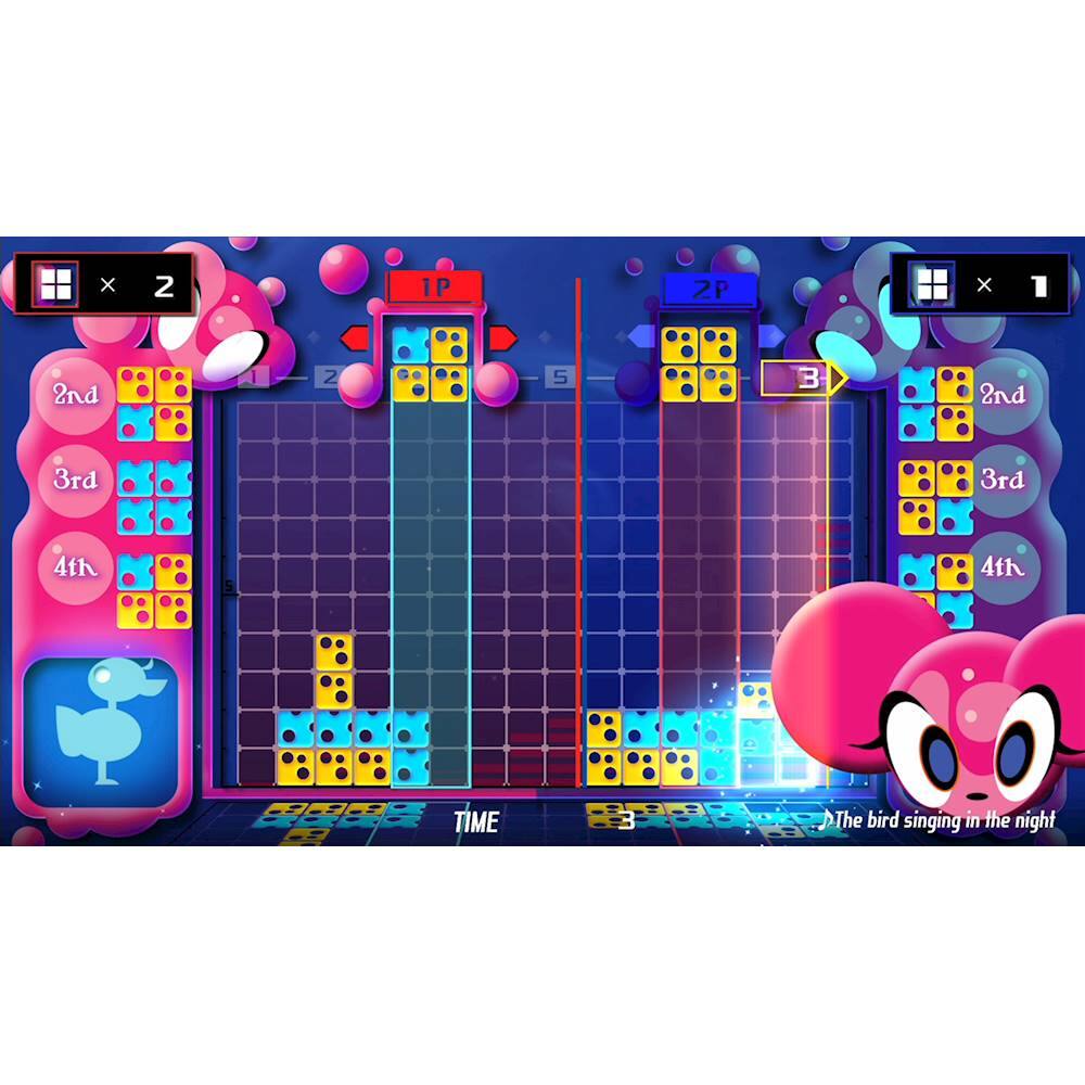 The image shows a video game with a character and a game board. The game is called "Time" and features a pink character. The game board is filled with various shapes, including squares and circles. The game appears to be a puzzle or a matching game, where the player must match the shapes on the board. The game is displayed on a screen, and the character is positioned on the left side of the board.