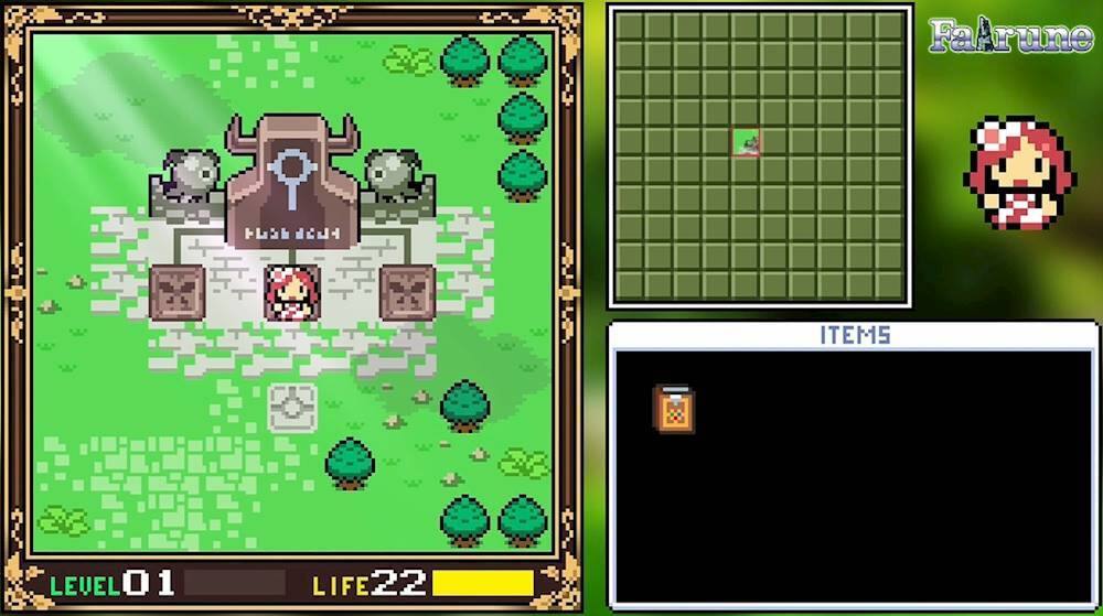 The image displays a video game with a character standing in front of a building. The game is set in a forest, and the character appears to be at level 01. The game is showing the character's inventory, which includes a backpack and a bottle. The character has 22 lives, and the game is currently displaying the inventory screen. - E (Everyone)