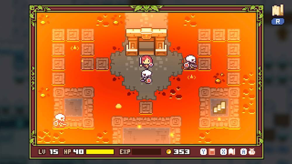 The image features a video game with a character on a red and orange background. The character appears to be in a volcano setting, possibly in a lava-filled room. The game is likely a role-playing game, as the character is equipped with a sword. The character is positioned in the center of the image, and the scene seems to be a part of the game's user interface.