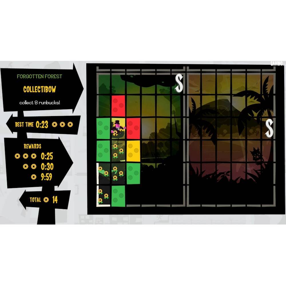 The image features a game with a character in a forest, surrounded by a jungle-like environment. The game is called "Forgotten Forest" and is a collectibow game. The objective is to collect 8 runbucks. The game has a timer, and the player has 9:59 minutes to complete the task. The game also offers rewards, and the player has already earned 14 rewards.