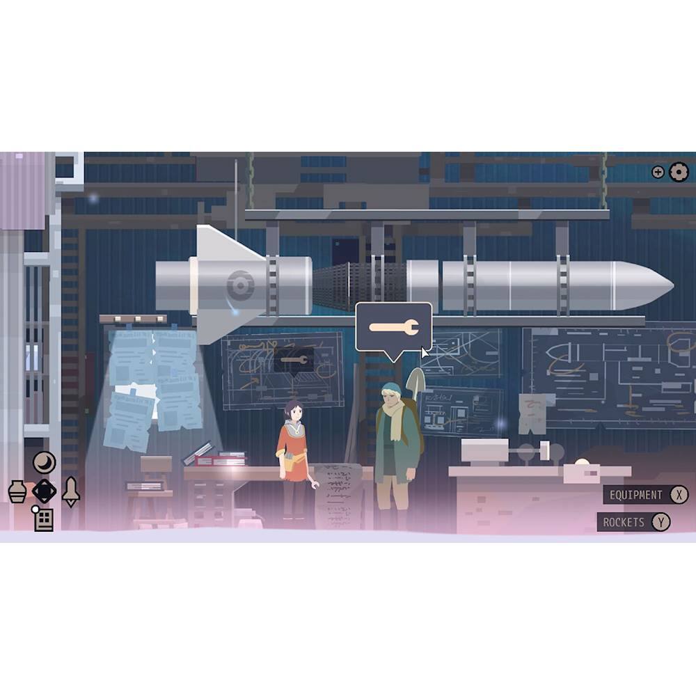 The image features a man and a woman standing in a room with a rocket in the background. The man is wearing a green jacket, and the woman is wearing an orange jacket. The room appears to be a workshop or a space where the rocket is being assembled or worked on. There are several books scattered around the room, which might be related to the rocket's design or construction. The scene suggests that the man and woman are working together on a project involving the rocket.