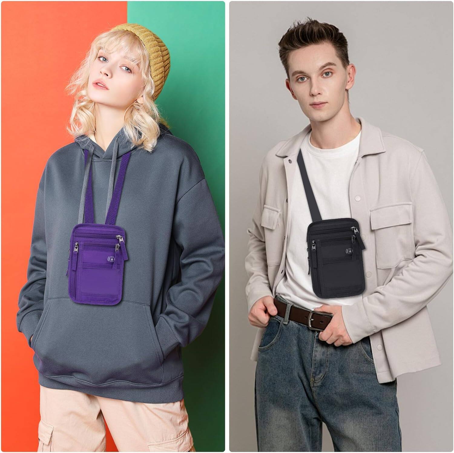 Alt View 3. Wikistore - WIKISTORE RFID Blocking Neck Wallet Crossbody Bag Travel Passport Holder Security Pouch Black - Black.