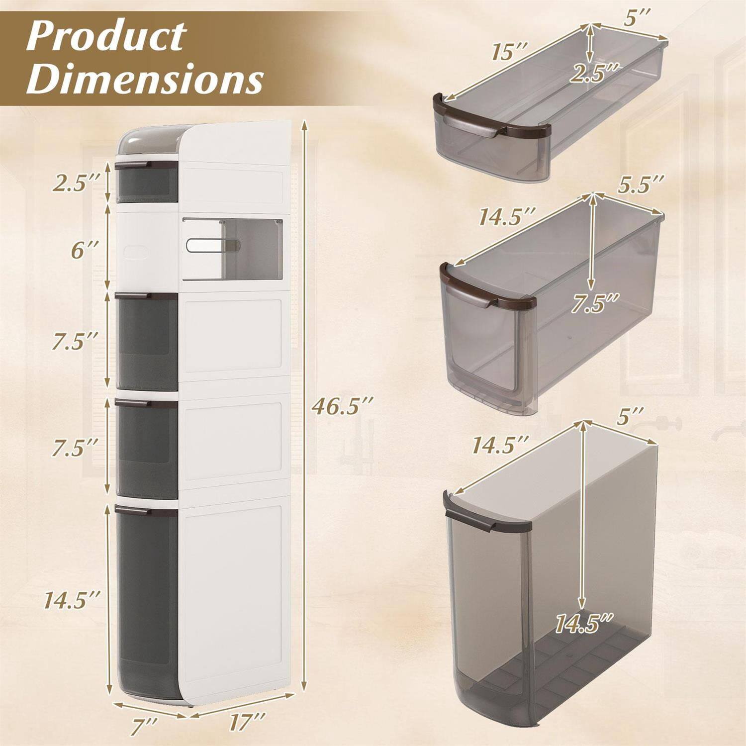 Product Dimensions

- 15" x 5" x 2.5"
- 14.5" x 5.5" x 7.5"
- 14.5" x 5" x 14.5"
- 46.5" x 7" x 17"