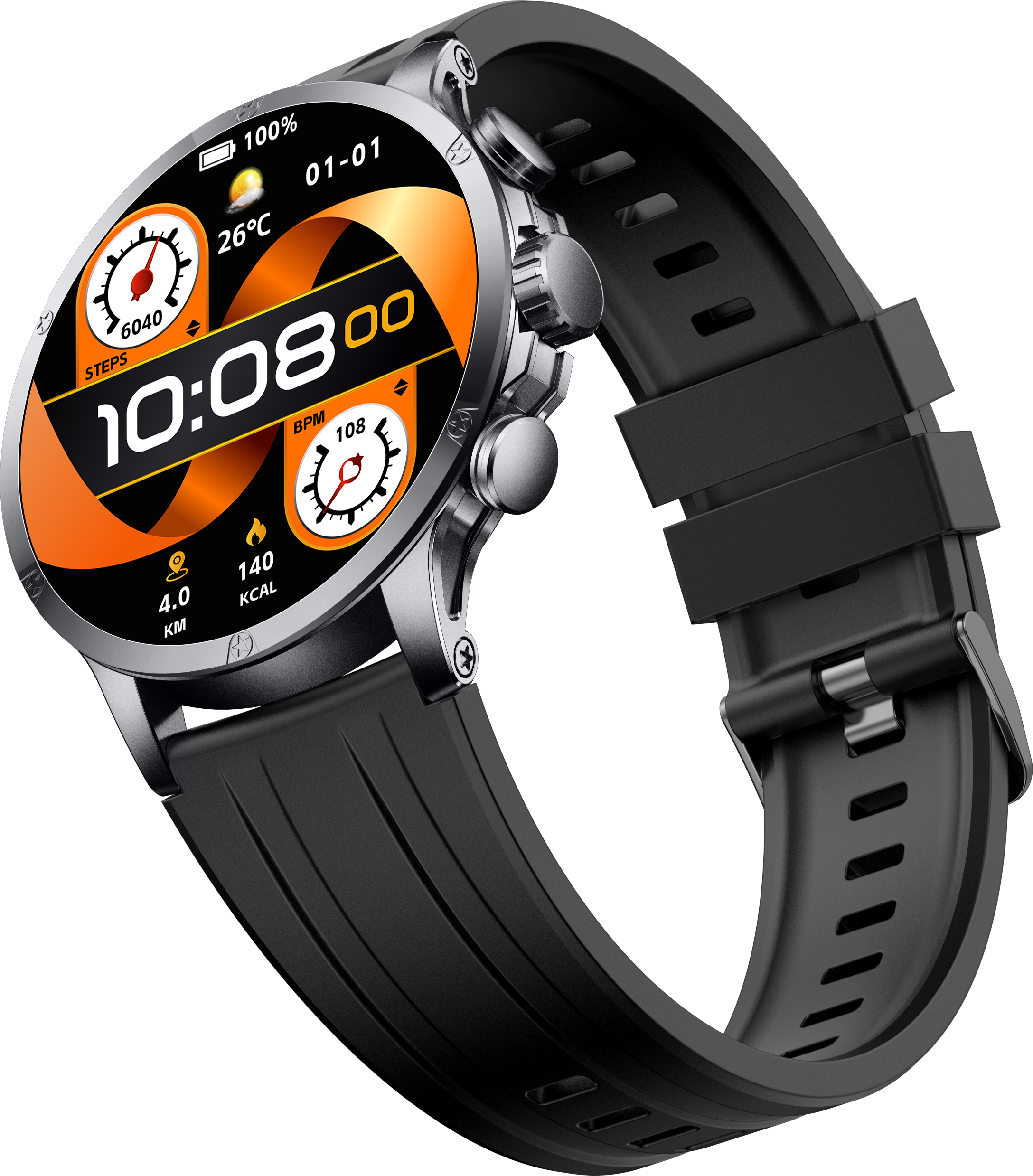 The text on the image reads: 100% 01-01 26C 6040 00 STEPS 10:08 BPM 108 & 140 4.0 KCAL.