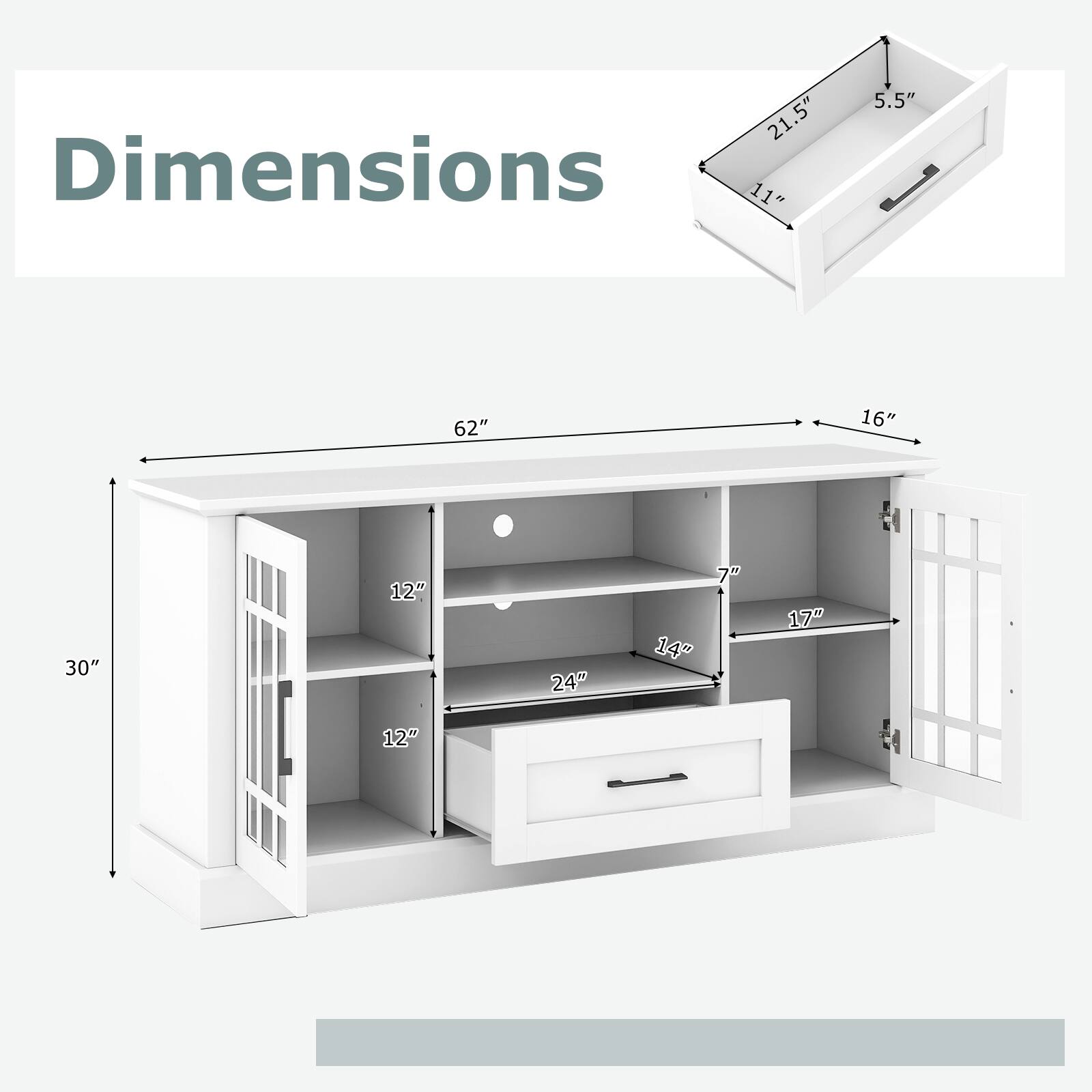 21.5" x 11" x 5.5"  
62" x 16" x 30"  
12" x 24" x 14" x 7" x 17" x 12"