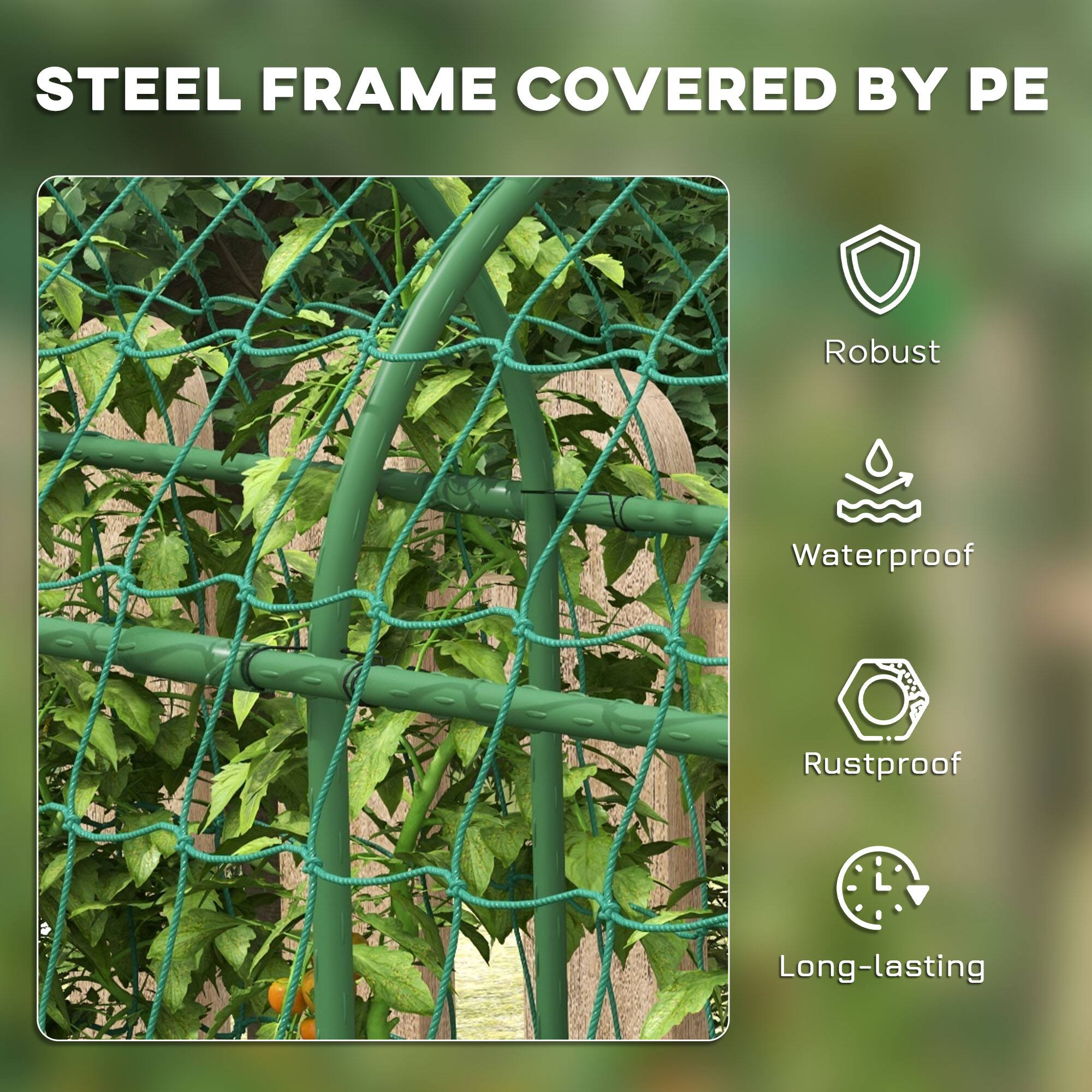 STEEL FRAME COVERED BY PE

- Robust
- Waterproof
- Rustproof
- Long-lasting