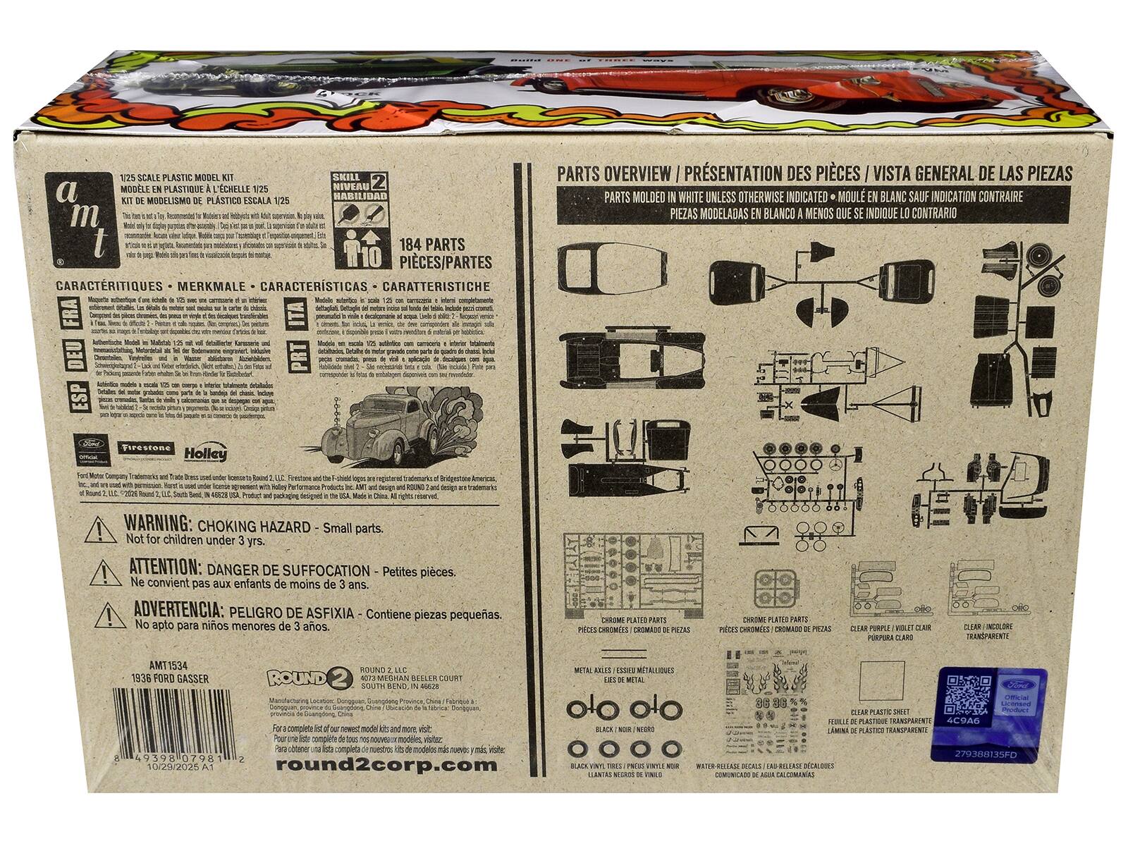 1/25 SCALE PLASTIC MODEL KIT  
MODELE EN PLASTIQUE A ECHELLE 1/25  
KIT DE MODELISMO DE PLASTICO ESCALA 1/25  

SKILL NIVEAU HABILIDAD  
PARTS DES GENERAL DE LAS PIEZAS  
PARTS MOLDED IN WHITE UNLESS OTHERWISE INDICATED  
MOULÉ EN BLANC SAUF INDICATION CONTRAIRE  
PIEZAS MODELADAS EN BLANCO A MENOS QUE SE INDIQUE LO CONTRARIO  

184 PARTS  
PIECES/PARTES  

CARACTERISTIQUES • MERKMALE • CARACTERÍSTICAS  
- 1/25 scale model kit  
- Detailed engine  
- Interior  
- Chrome plated parts  
- Clear parts  

WARNING: CHOKING HAZARD Small parts. Not for children under 3 yrs.  
ATTENTION: DANGER DE SUFFOCATION - Ne convient pas aux enfants de moins de 3 ans.  
ADVERTENCIA: PELIGRO DE ASFIXIA - No apto para niños menores de 3 años.  

CHROME PLATED PARTS  
PIECES CHROME
