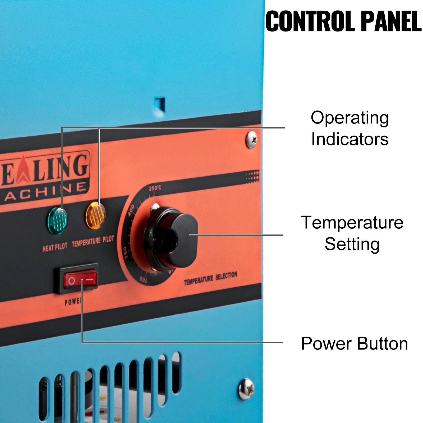 CONTROL PANEL  
EALING MACHINE  
TEMPERATURE PILOT HEAT PILOT O POWE  
250C 200 150 100  
TEMPERATURE SELECTION  
Operating Indicators Temperature Setting  
Power Button
